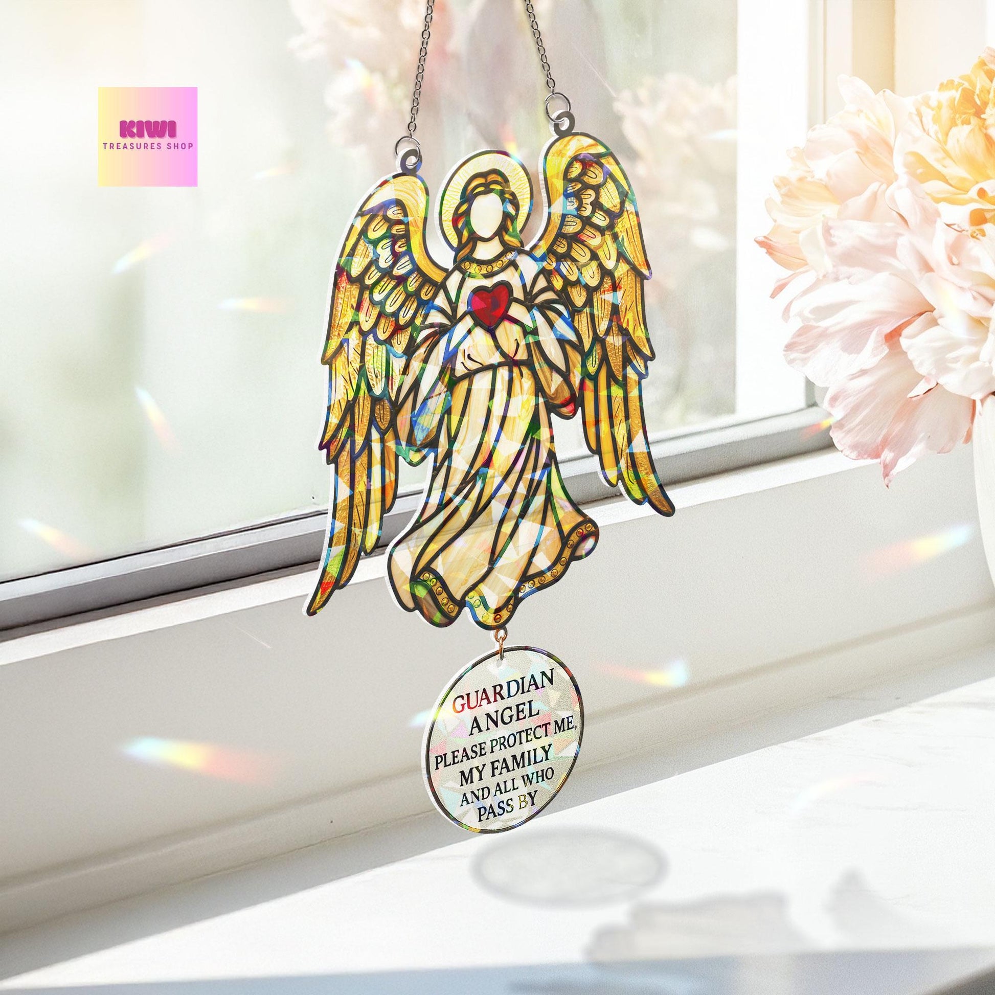 Guardian Angel Holographic Window Suncatcher – Protection Hanging Ornament – Mother's Day Gift for Mom, Grandma, or Loved One