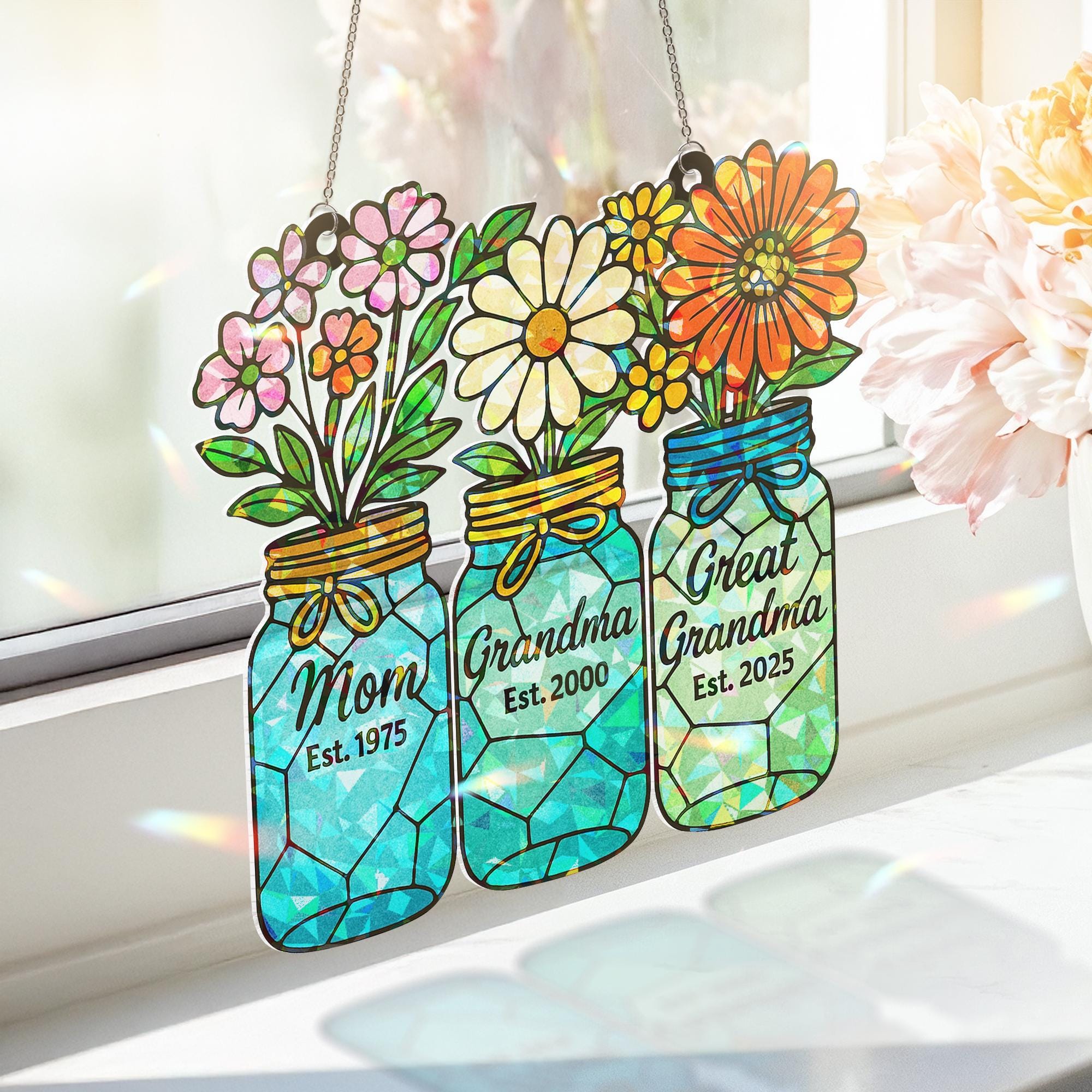 Generations Floral Jar Hologram Ornament | Mom Grandma Great Grandma Gift | Mother's Day Window Decor | Family Legacy Keepsake, Gift For Her