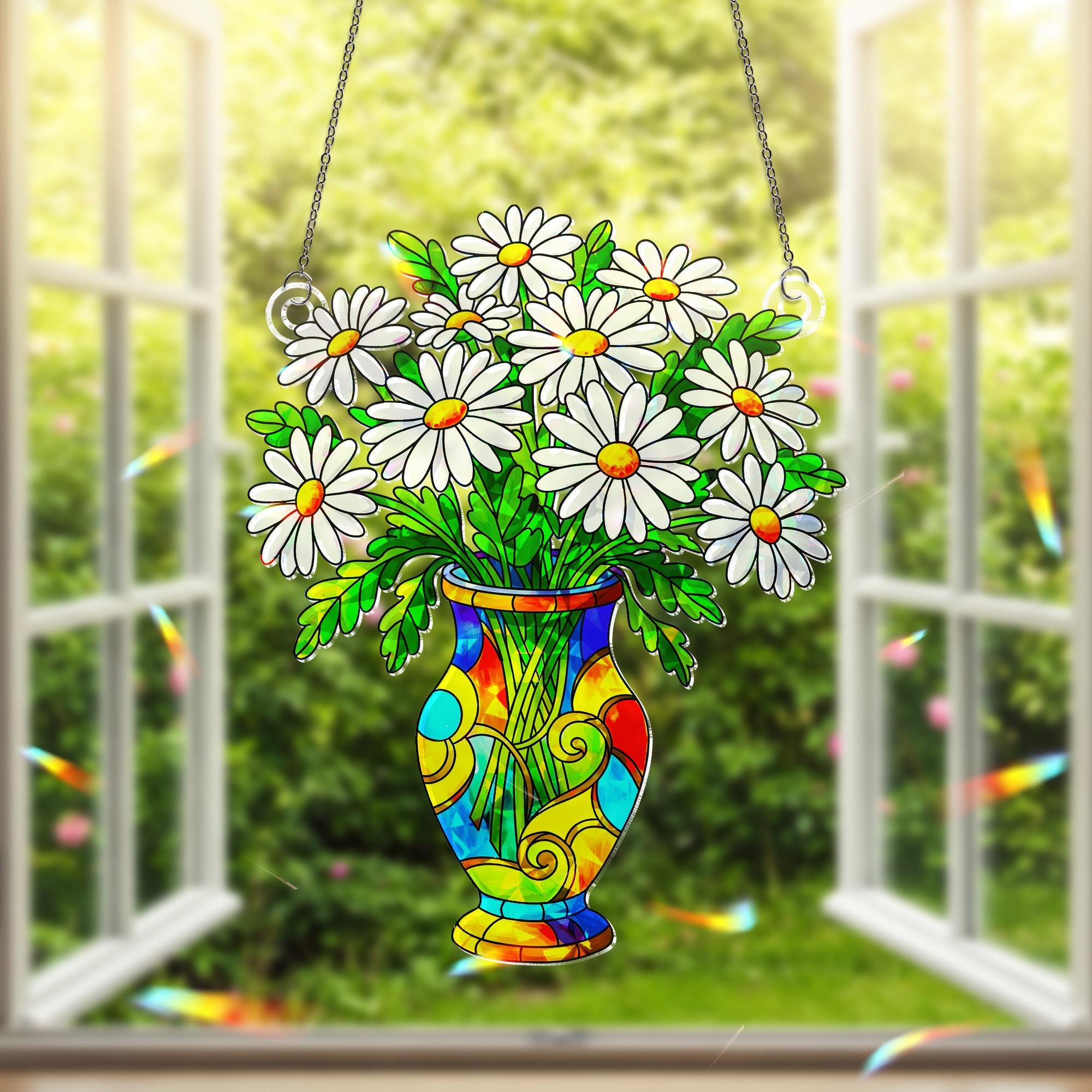 Daisy Vase Acrylic Ornament Decor Colorful Floral Window Hanging, Flower Lover Gift Decor, Birth Flower Gift, Gift For Her