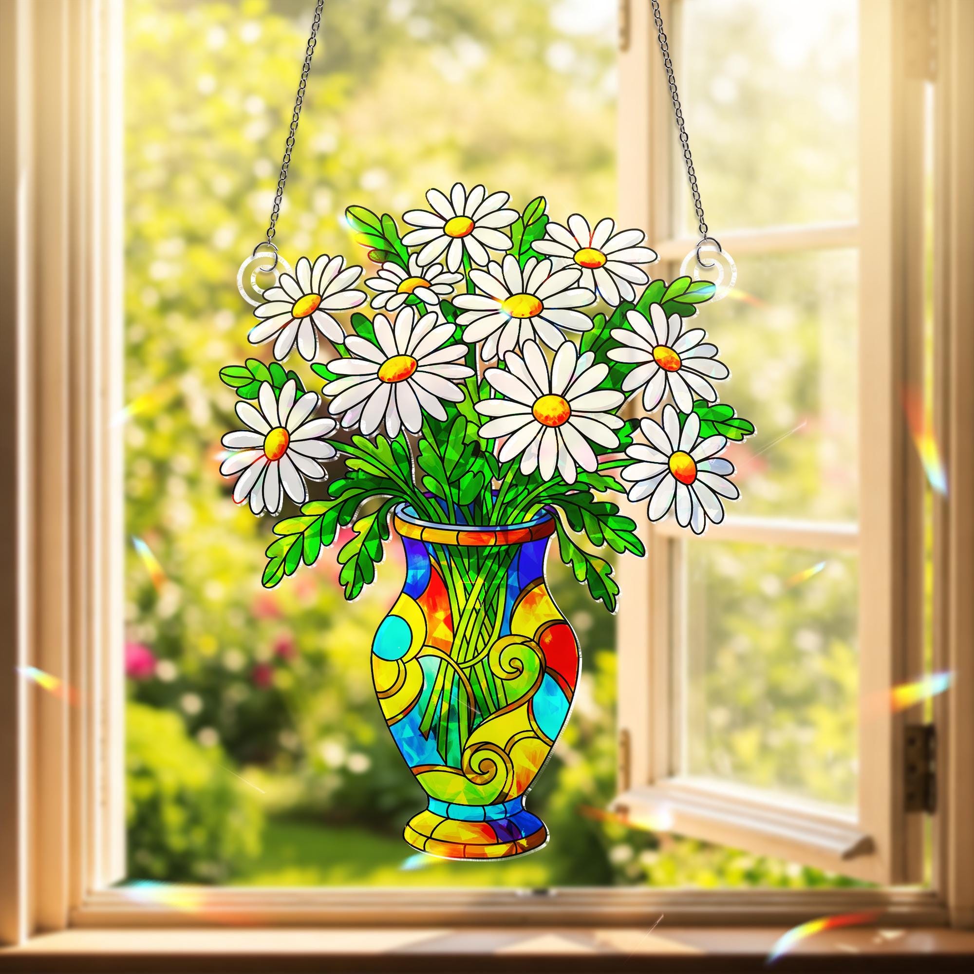 Daisy Vase Acrylic Ornament Decor Colorful Floral Window Hanging, Flower Lover Gift Decor, Birth Flower Gift, Gift For Her