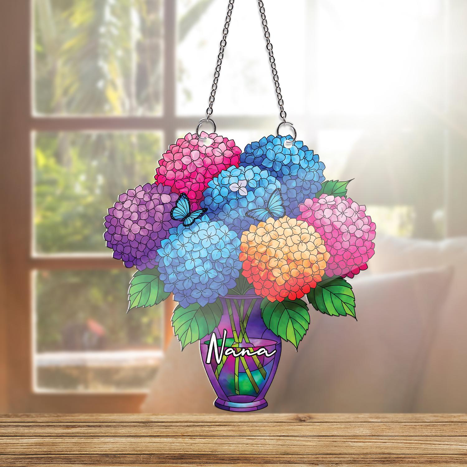 Personalized Hydrangea ornament , Custom Name Acrylic Vase Window Hanging, Gift for Nana Grandma Mom, Floral Mothers Day Decor