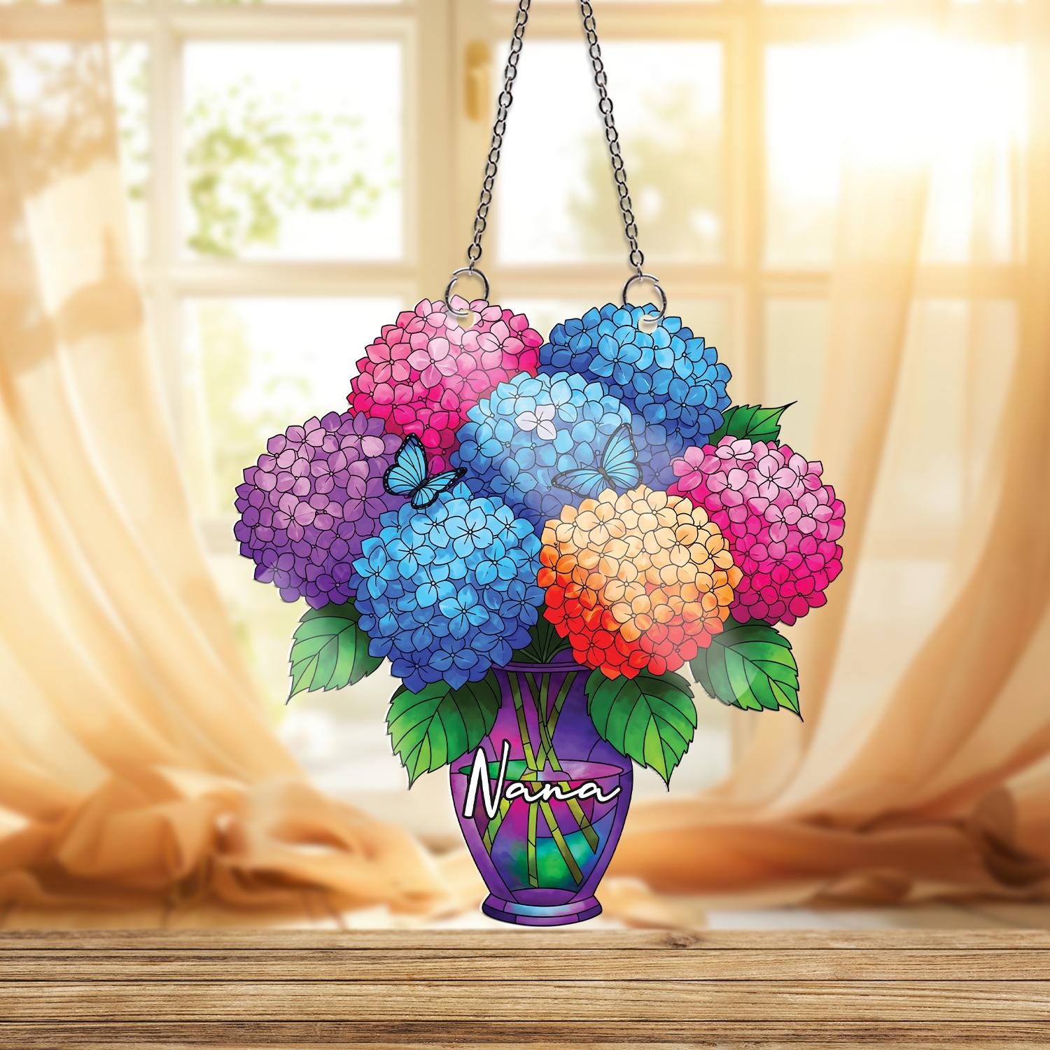 Personalized Hydrangea ornament , Custom Name Acrylic Vase Window Hanging, Gift for Nana Grandma Mom, Floral Mothers Day Decor