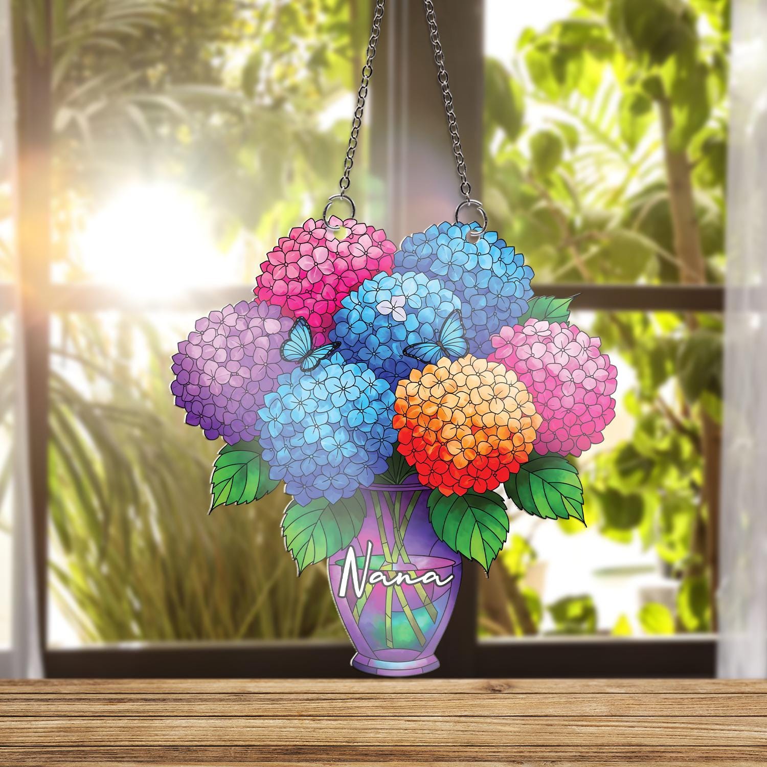 Personalized Hydrangea ornament , Custom Name Acrylic Vase Window Hanging, Gift for Nana Grandma Mom, Floral Mothers Day Decor