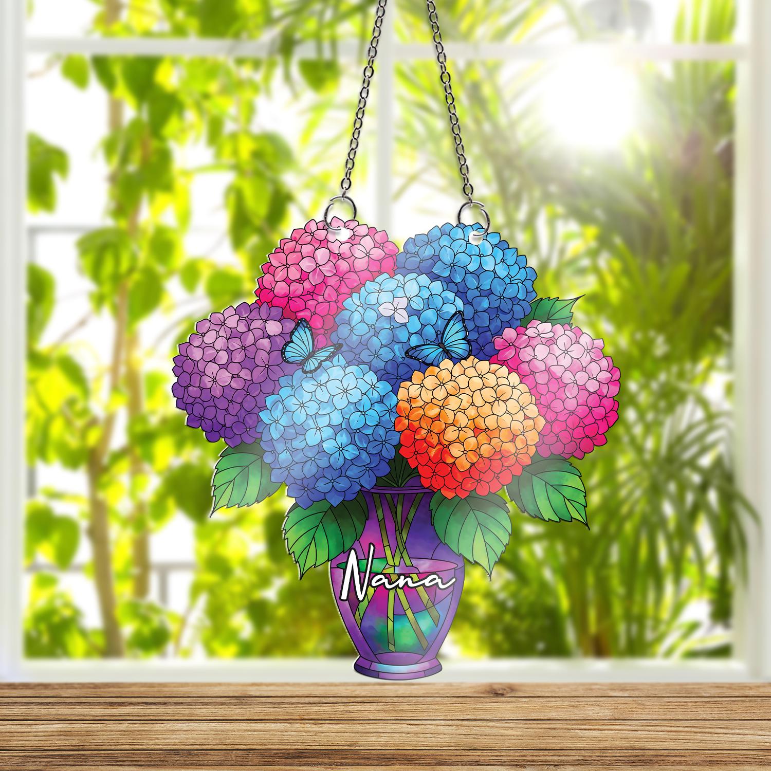 Personalized Hydrangea ornament , Custom Name Acrylic Vase Window Hanging, Gift for Nana Grandma Mom, Floral Mothers Day Decor