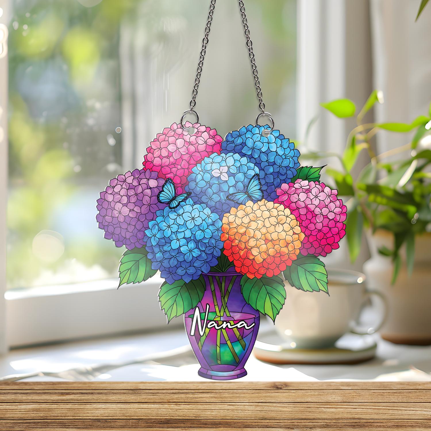 Personalized Hydrangea ornament , Custom Name Acrylic Vase Window Hanging, Gift for Nana Grandma Mom, Floral Mothers Day Decor