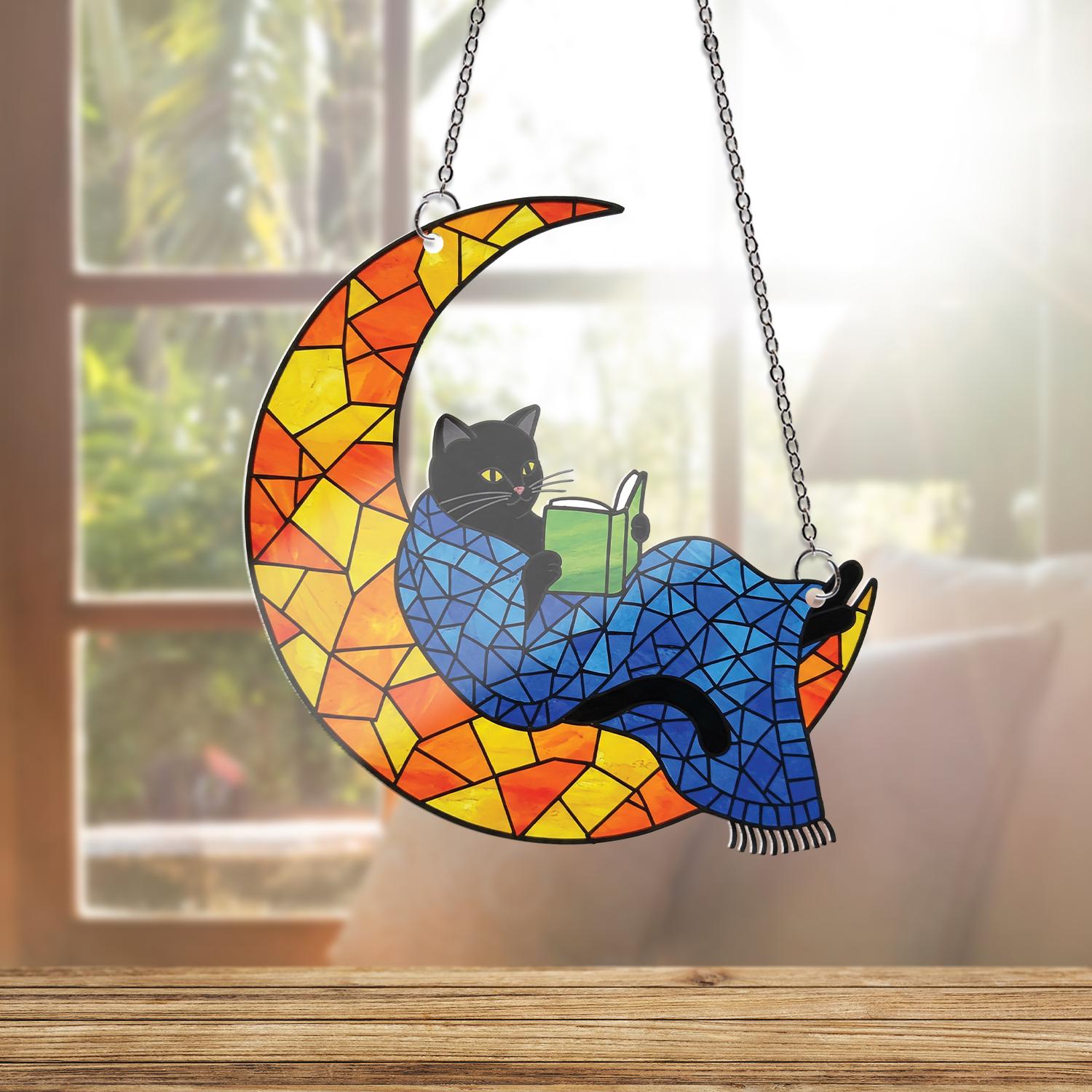 Black Cat Reading on Moon Acrylic Window Hanging, Cozy Reader Gift, Cat Lover Decor, Bookworm Suncatcher, Reading Nook Accent