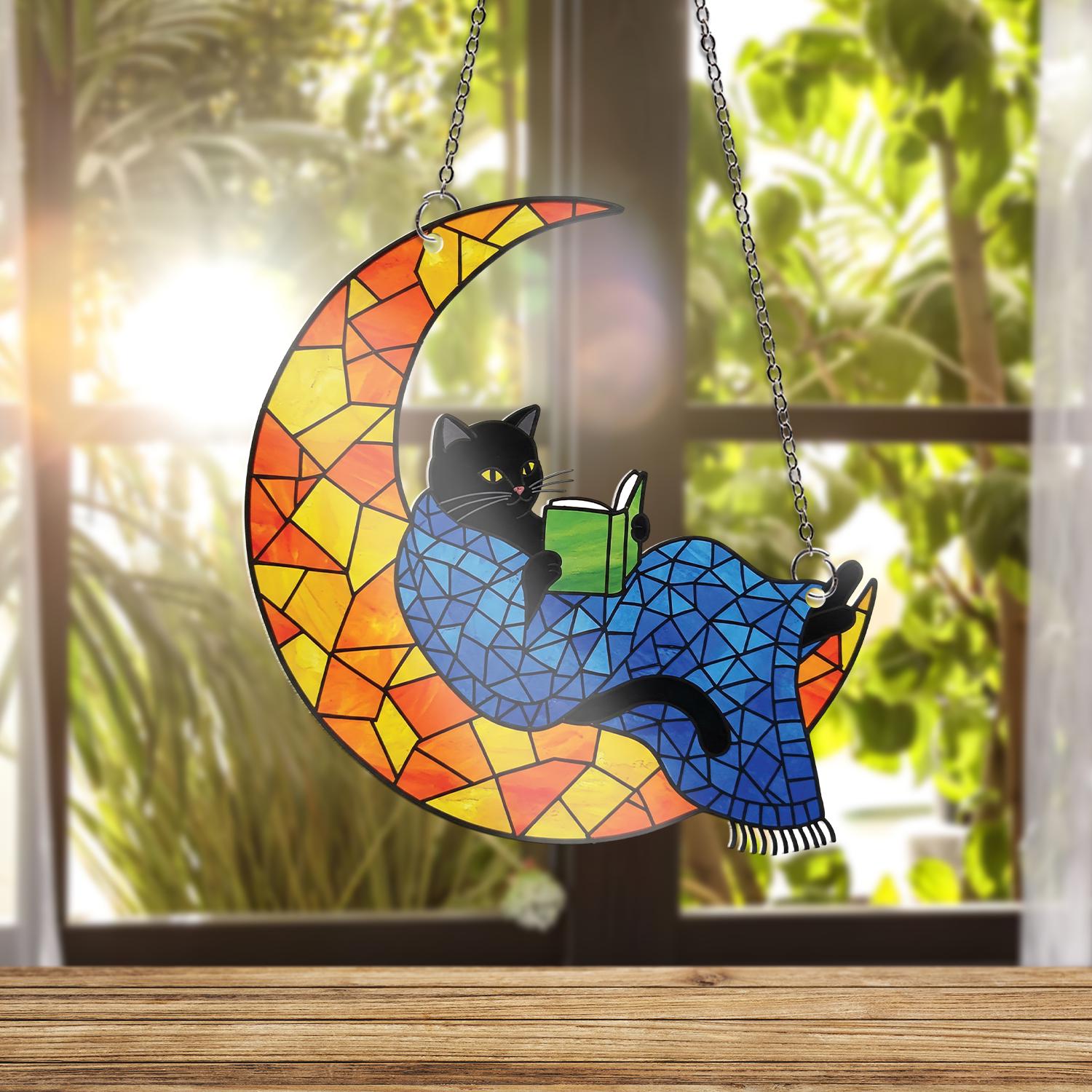 Black Cat Reading on Moon Acrylic Window Hanging, Cozy Reader Gift, Cat Lover Decor, Bookworm Suncatcher, Reading Nook Accent