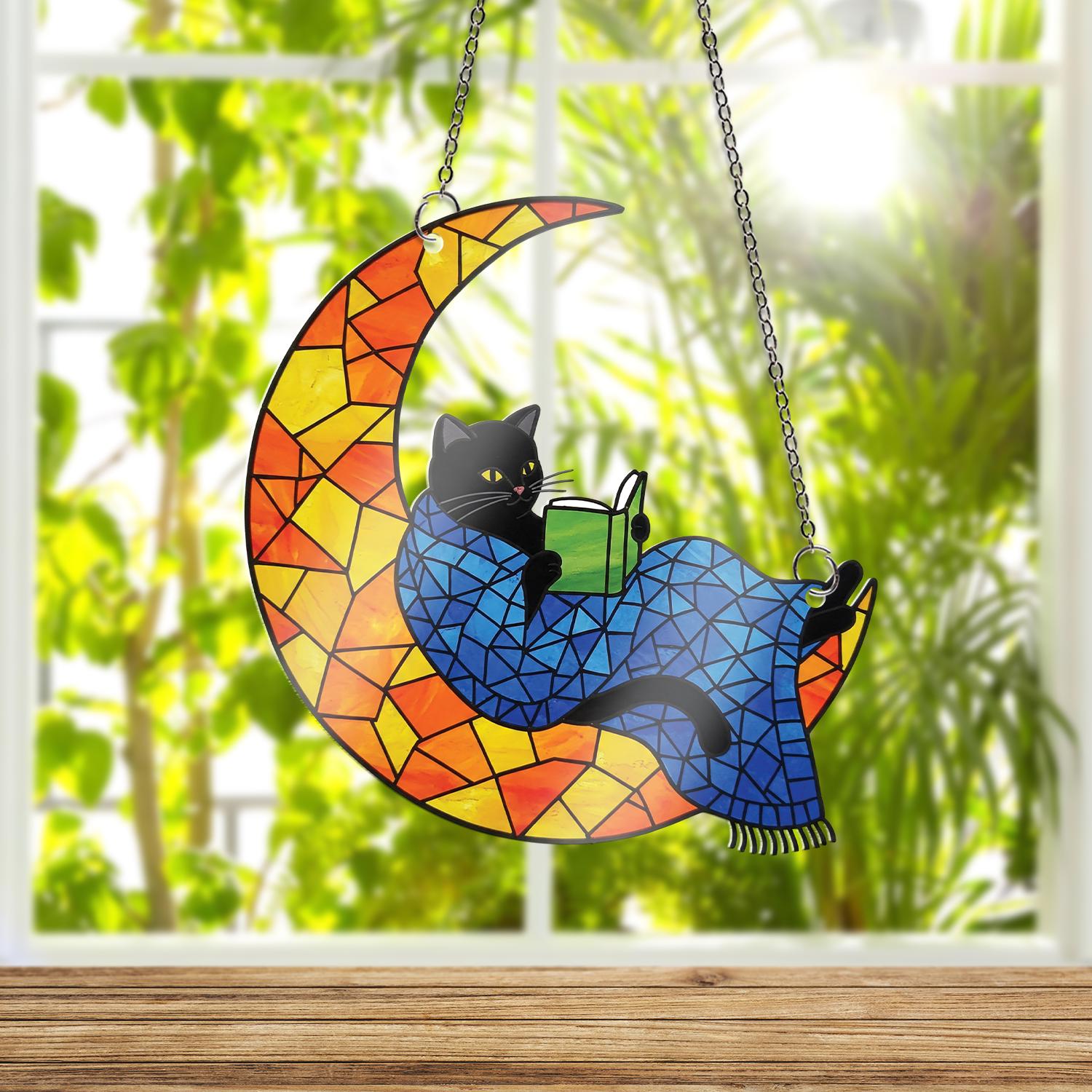 Black Cat Reading on Moon Acrylic Window Hanging, Cozy Reader Gift, Cat Lover Decor, Bookworm Suncatcher, Reading Nook Accent