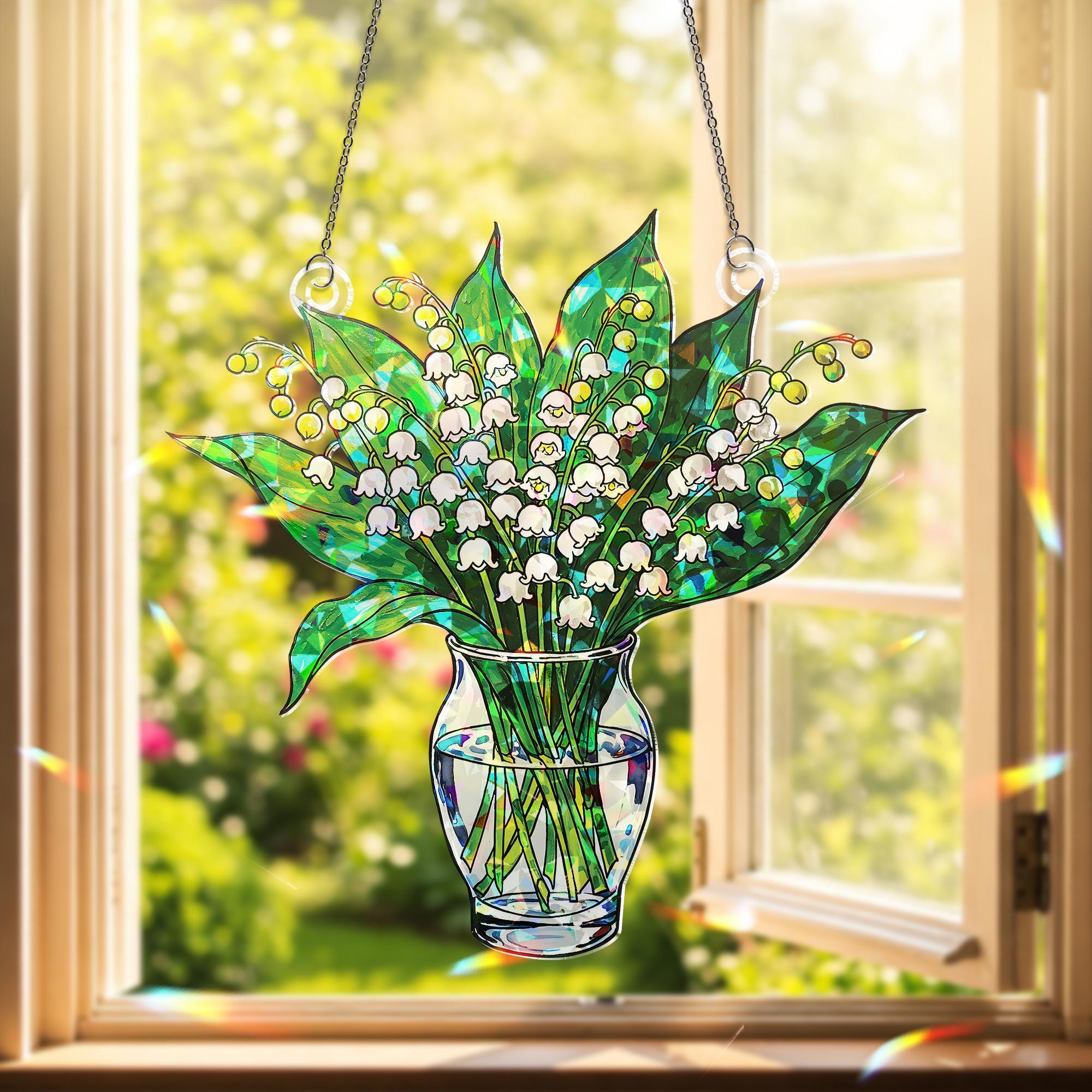 Lily of the Valley Acrylic Ornament Decor, Botanical Window Hanging, May Birth Flower Gift, Floral Glass Vase Decor, Mother's Day Gift