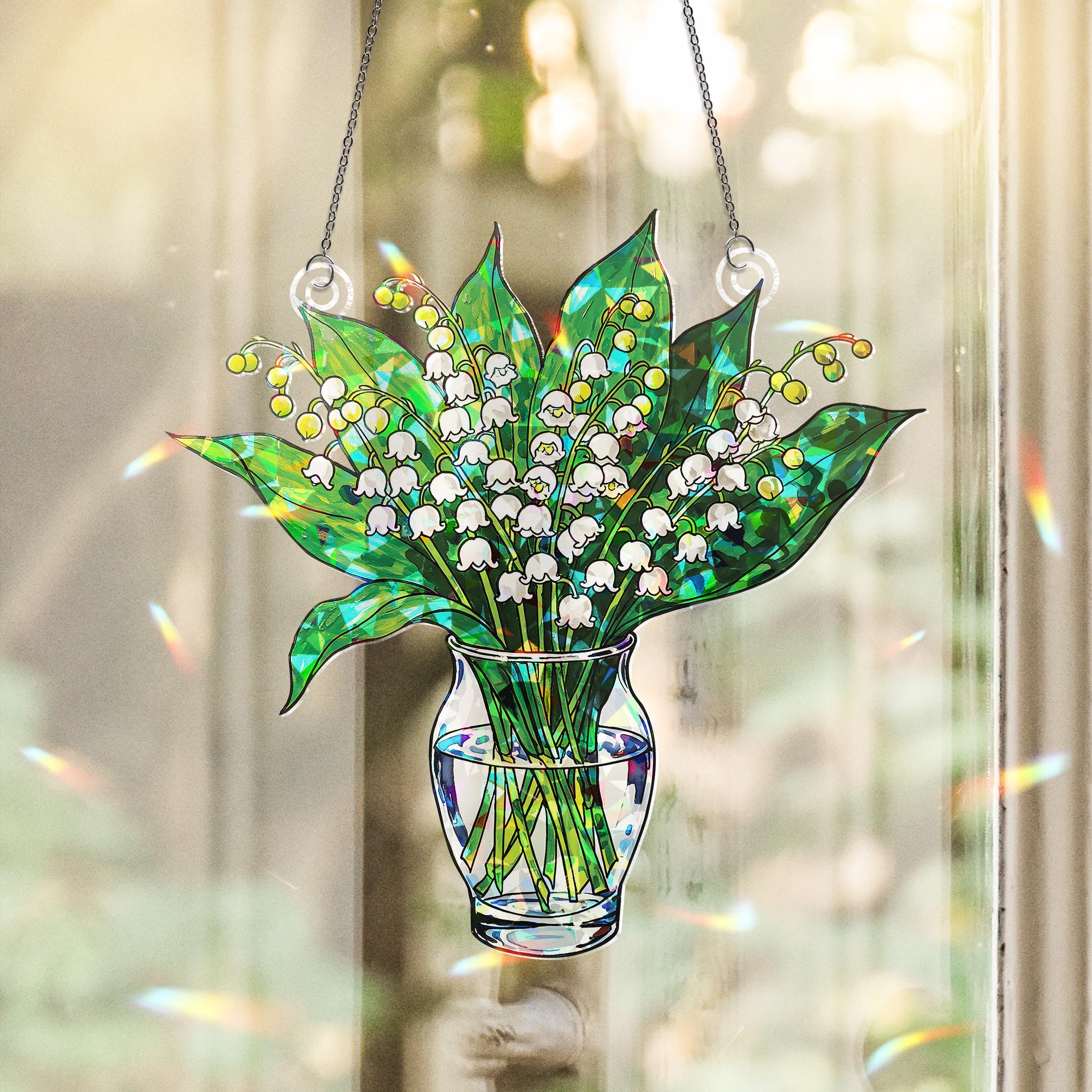 Lily of the Valley Acrylic Ornament Decor, Botanical Window Hanging, May Birth Flower Gift, Floral Glass Vase Decor, Mother's Day Gift