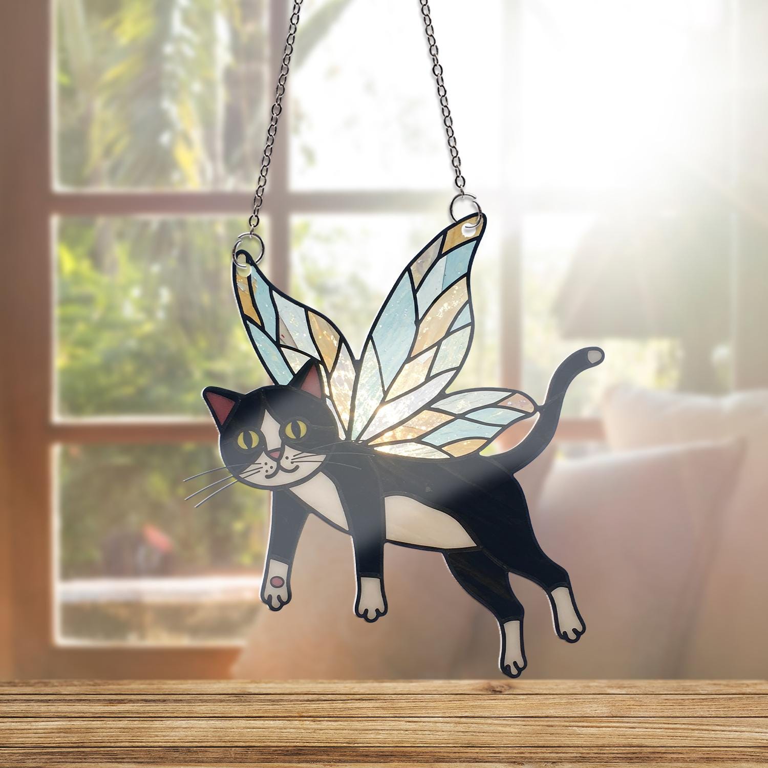 Tuxedo Cat Fairy Acrylic Suncatcher, Cat Lover Gift, Whimsical Cat Window Hanging, Magical Cat Decor, Fairy Cat Ornament