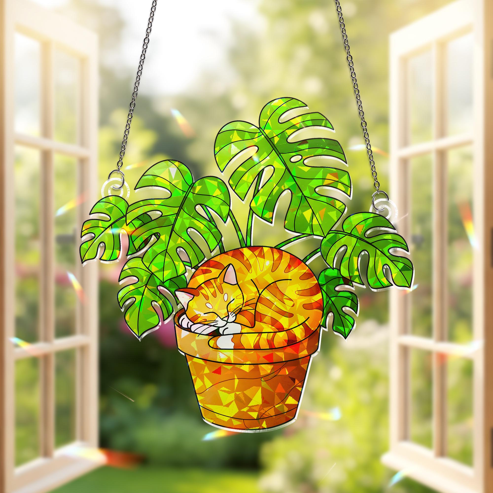 Sleeping Cat Monstera Plant Acrylic Ornament, Whimsical Window Hanging, Cat and Plant Lover Gift Decor, Gift For Her, Plant Mom Gift