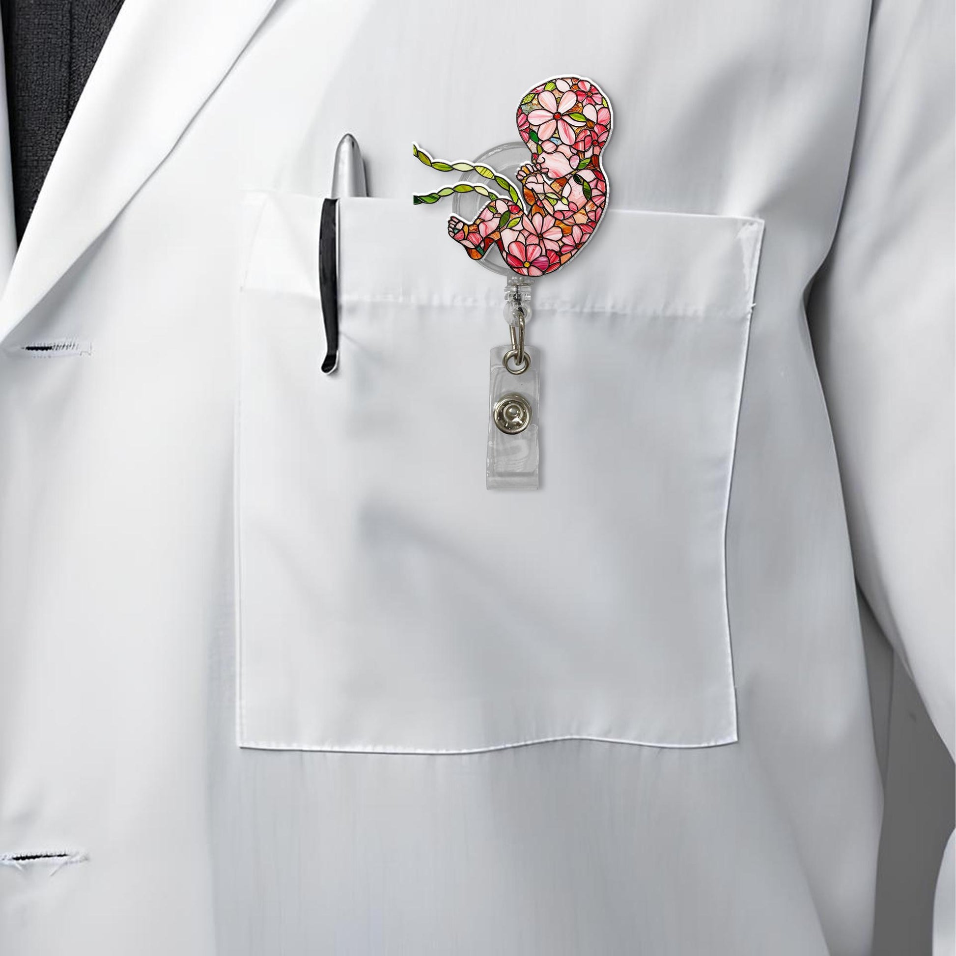 Floral Fetus Badge Reel, L&D Nurse Gift, Labor Delivery Nurse Accessory, OB Nurse Badge Holder, Cute Medical Badge Clip