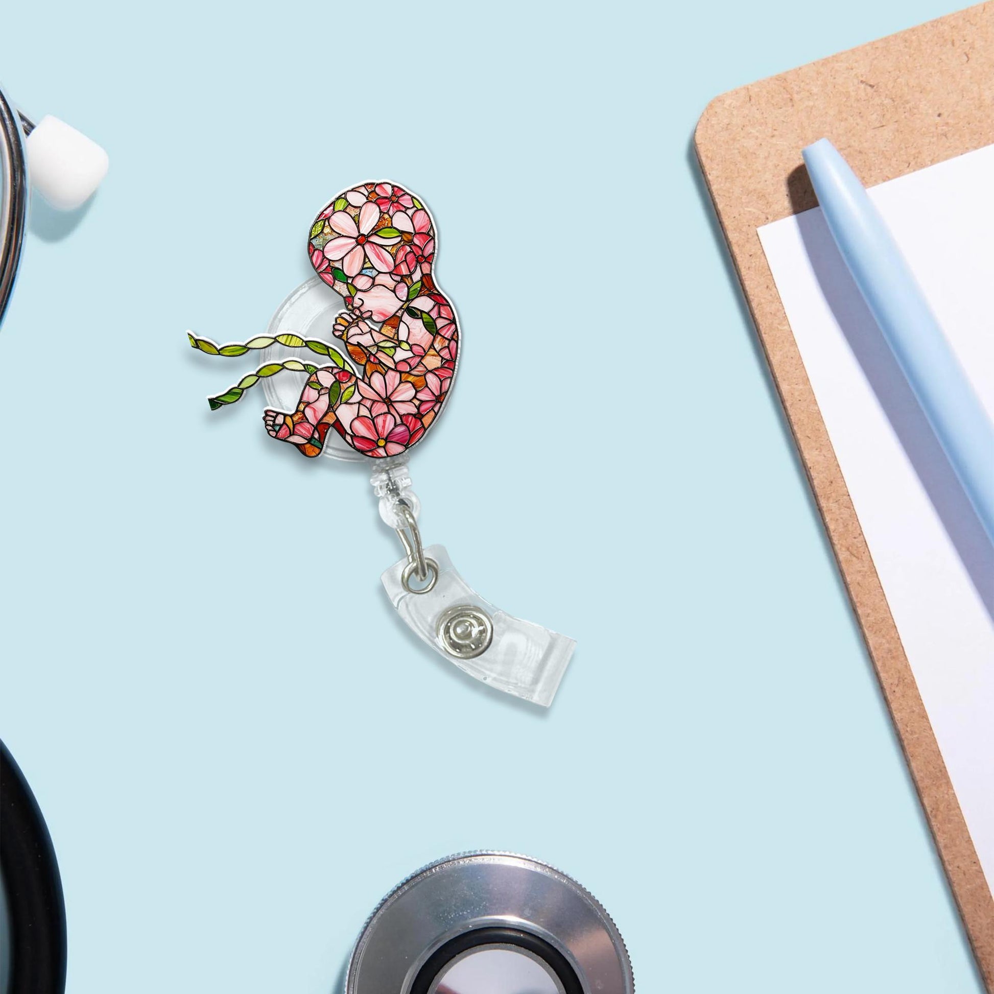 Floral Fetus Badge Reel, L&D Nurse Gift, Labor Delivery Nurse Accessory, OB Nurse Badge Holder, Cute Medical Badge Clip