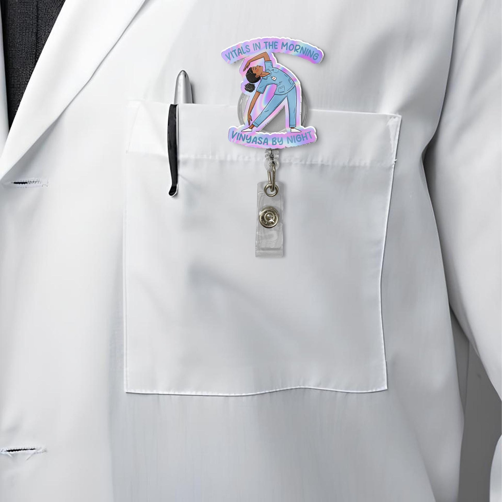 Nurse Yoga Badge Reel, Vitals in Morning Vinyasa by Night, Funny Nurse Gift, FAUX Holographic RN Badge Holder, Yoga Lover Gift for Nurses