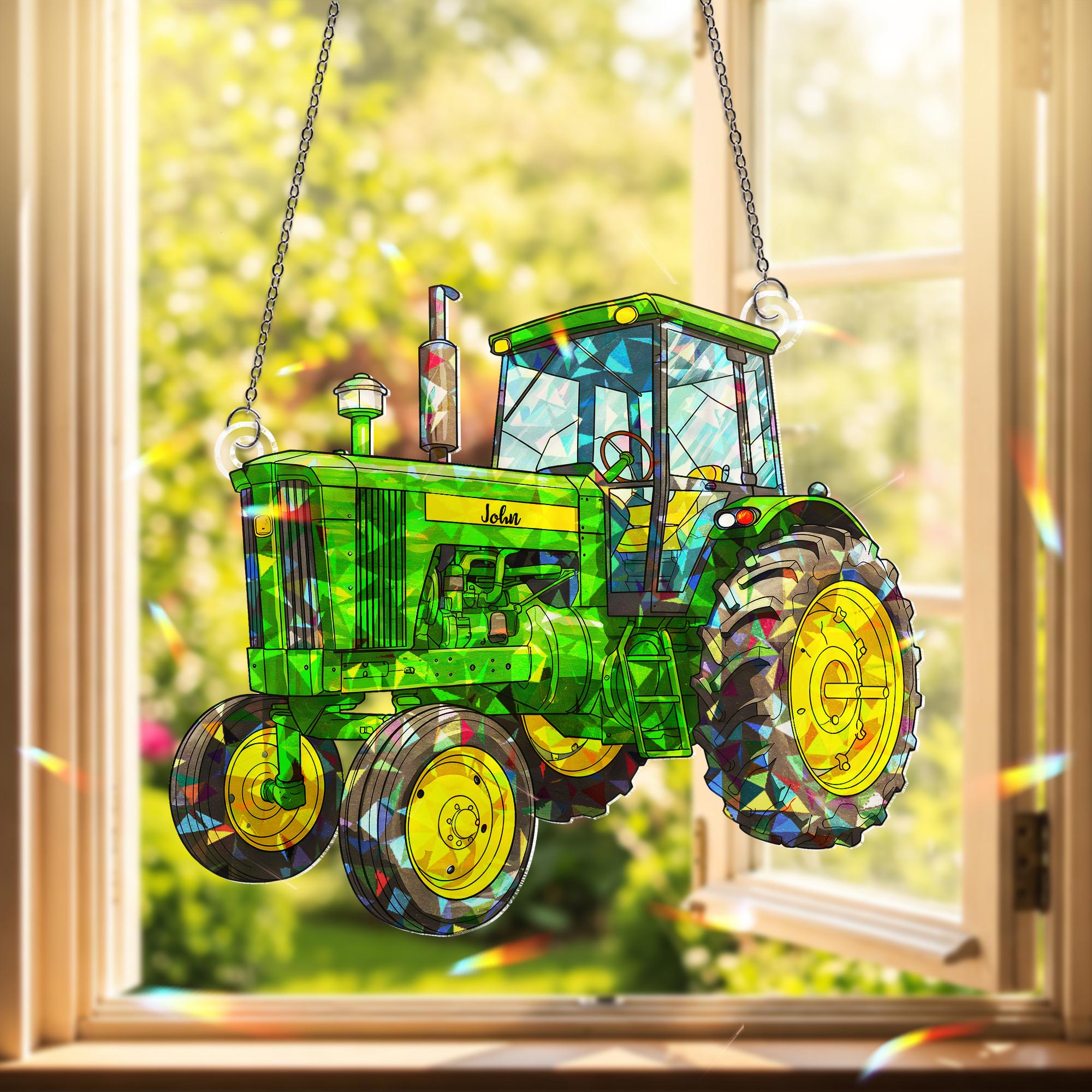 Personalized Green Tractor Acrylic Ornament, Custom Name Window Hanging Ornament, Farmhouse Decor, Gift For Farmer, Gift For Him