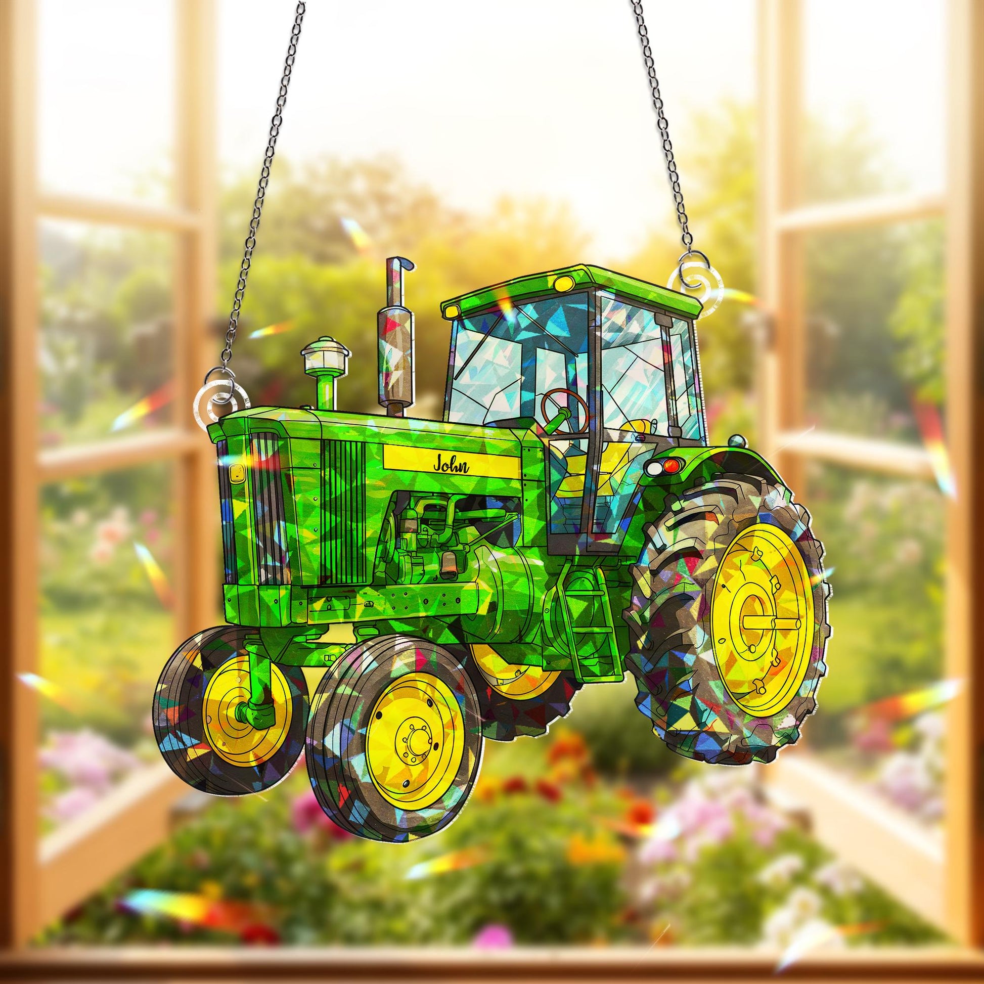 Personalized Green Tractor Acrylic Ornament, Custom Name Window Hanging Ornament, Farmhouse Decor, Gift For Farmer, Gift For Him