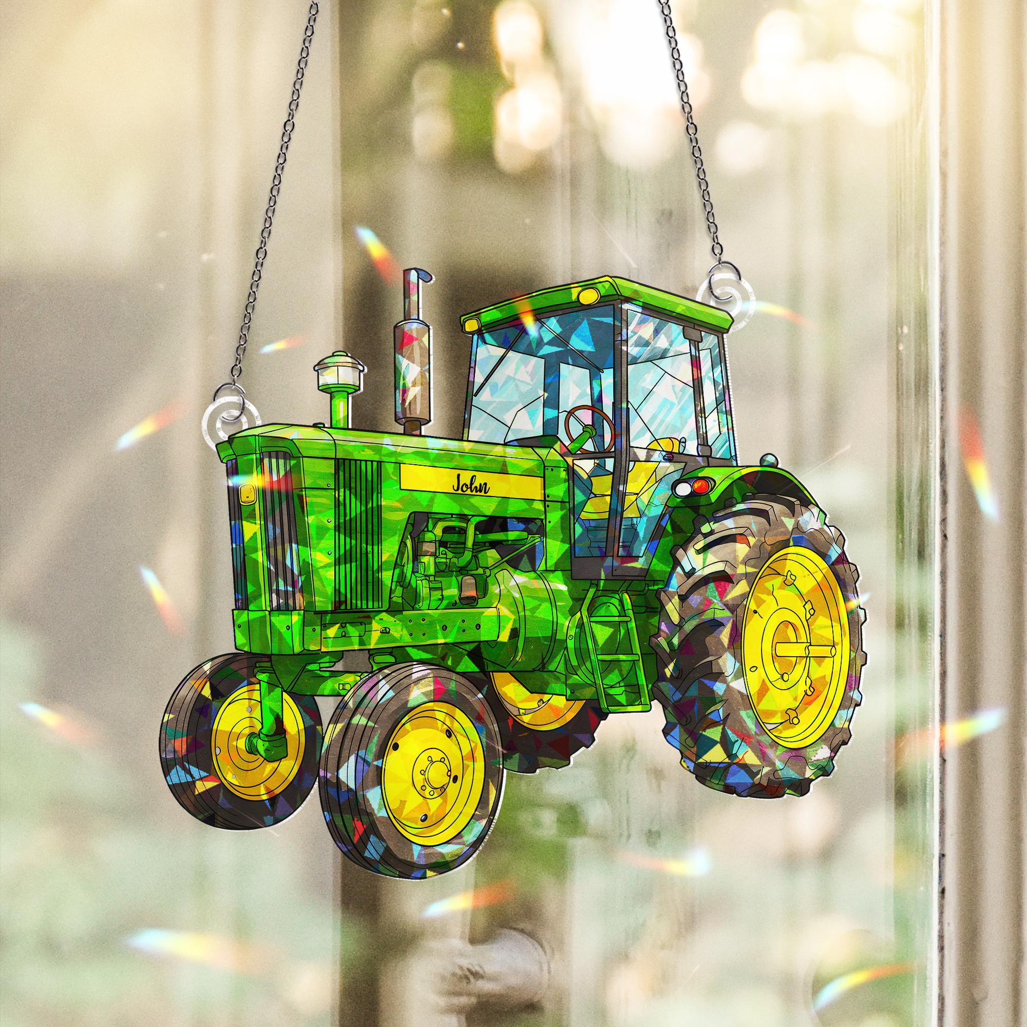 Personalized Green Tractor Acrylic Ornament, Custom Name Window Hanging Ornament, Farmhouse Decor, Gift For Farmer, Gift For Him