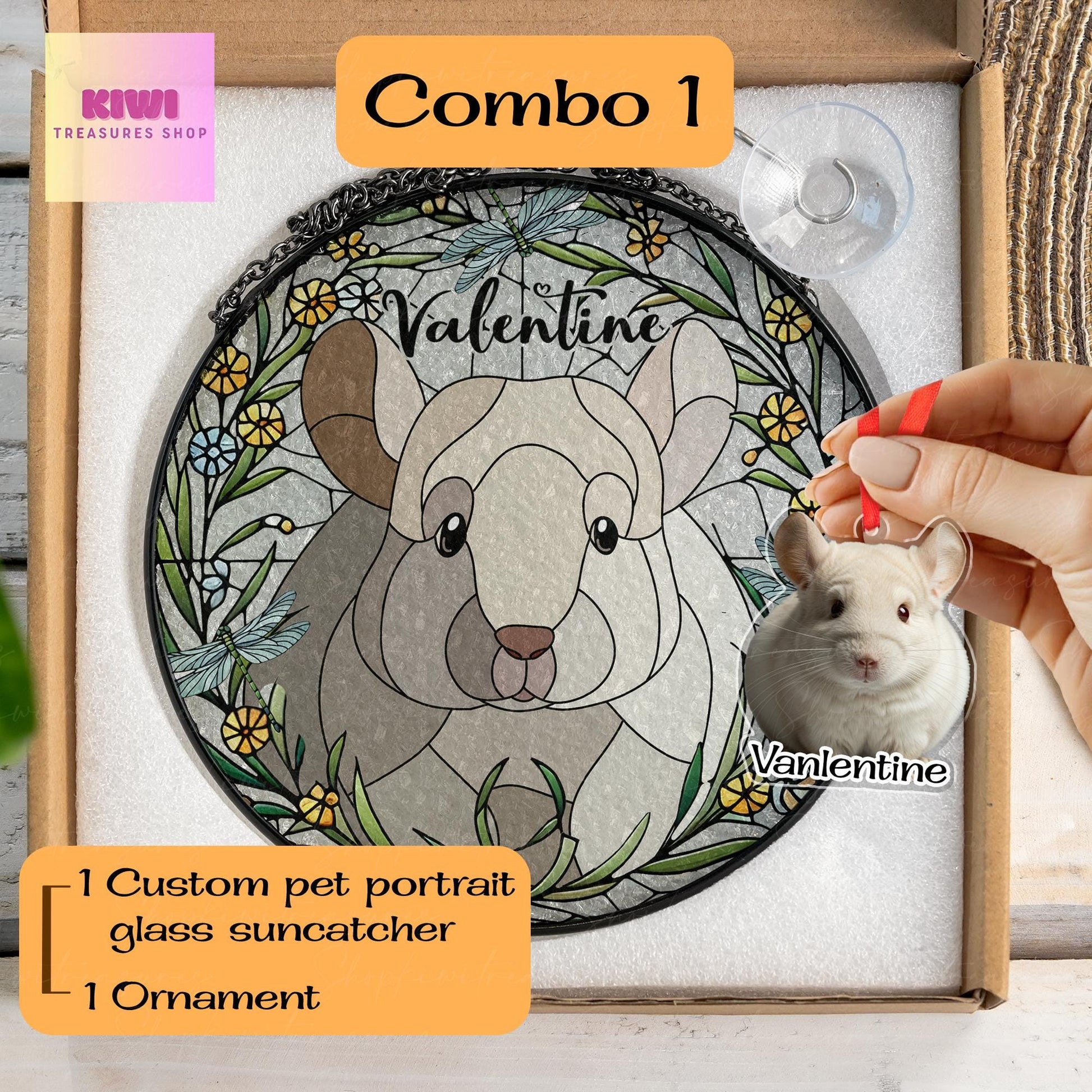 Mother's day gift set 2025 – Custom Chinchilla Portrait Glass Suncatcher Window Hanging for Pet Lover Mom keepsake