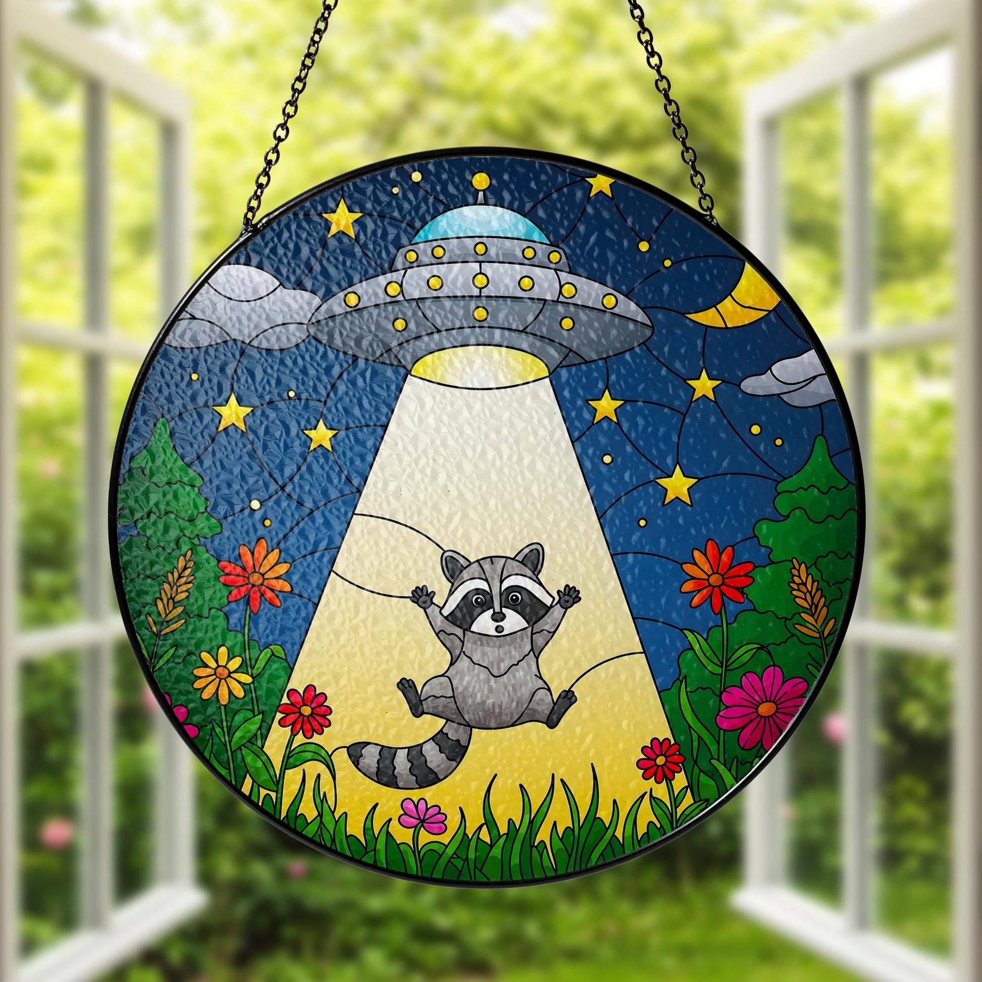 Raccoon UFO Alien Funny Glass Suncatcher, Whimsical Raccoon Window Hanging Decor, Space Moon Gift, Animal Lover Gift