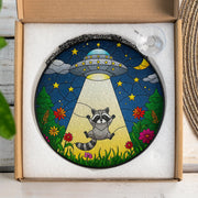 Raccoon UFO Alien Funny Glass Suncatcher, Whimsical Raccoon Window Hanging Decor, Space Moon Gift, Animal Lover Gift