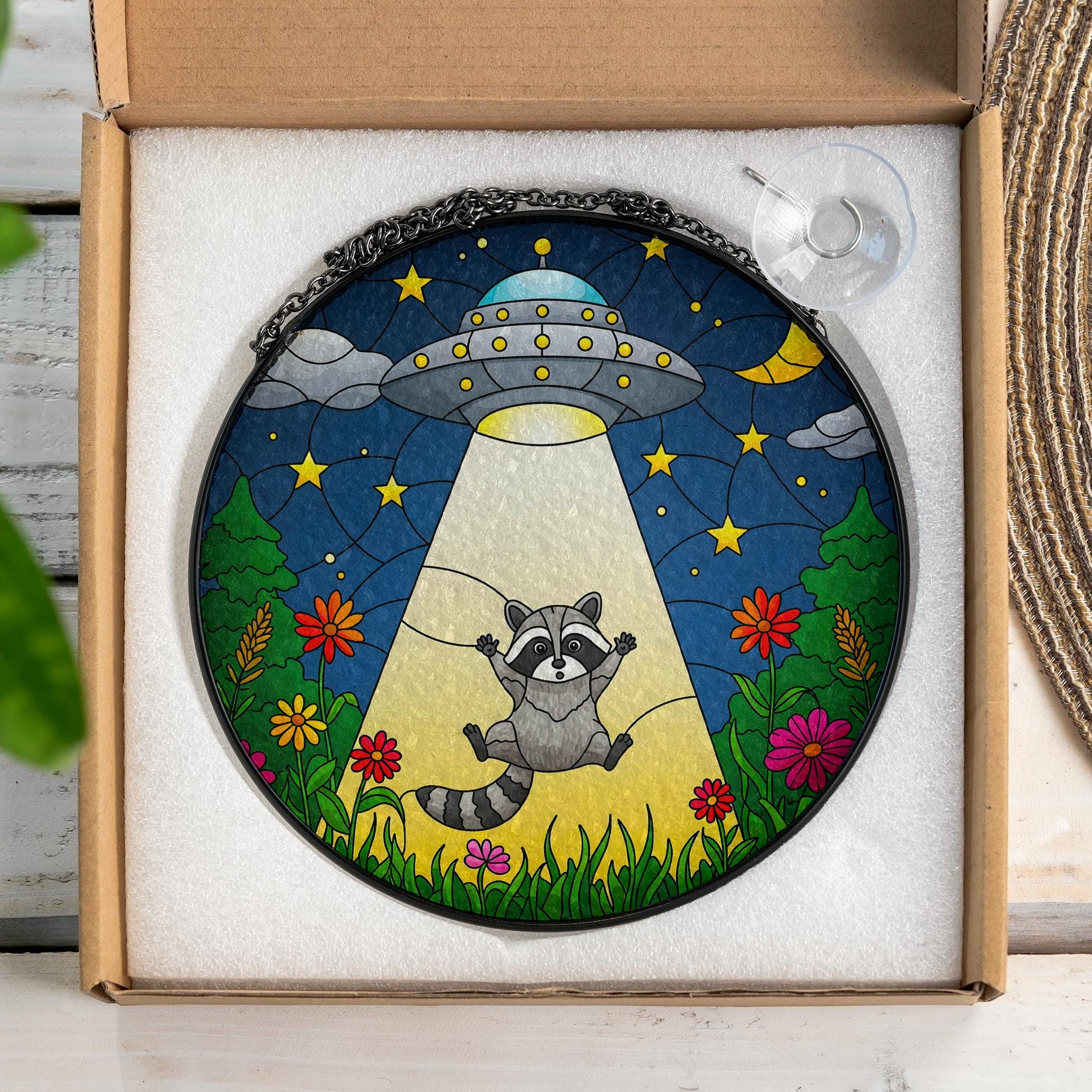 Raccoon UFO Alien Funny Glass Suncatcher, Whimsical Raccoon Window Hanging Decor, Space Moon Gift, Animal Lover Gift