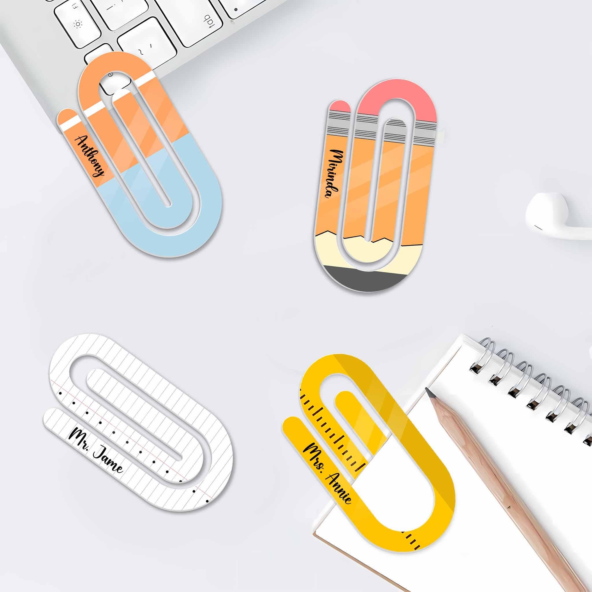 Personalized Teacher Paper Clip Bookmark, School Supply Clip Set, Classroom Gift for Teacher, Pencil Ruler Notebook Design, Fun Office Decor