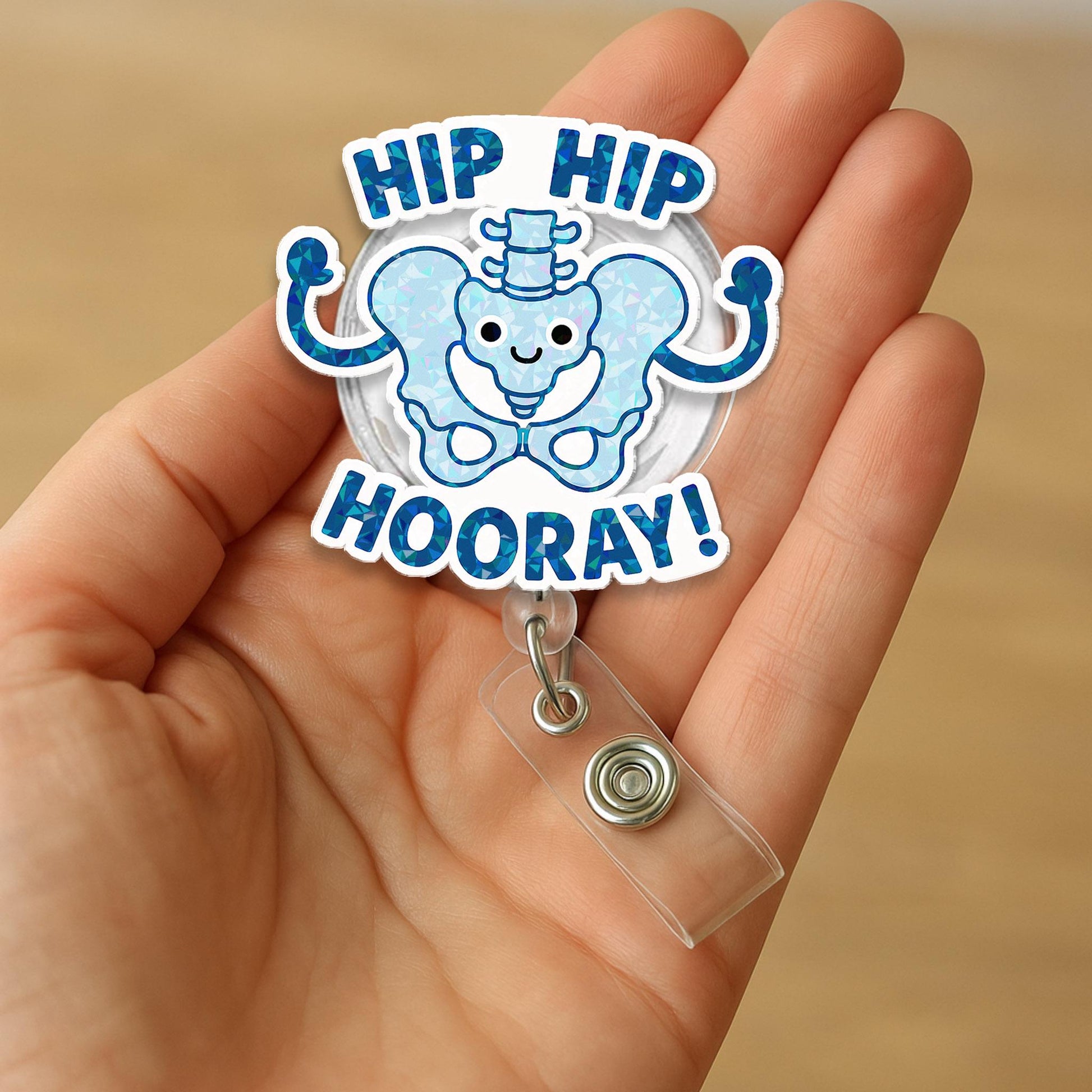 Hip Hip Hooray Hologram Badge Reel, Funny Skeleton ID Holder, Ortho Nurse Gift, Medical Pun Reel, Cute Hospital Badge Clip for Staff