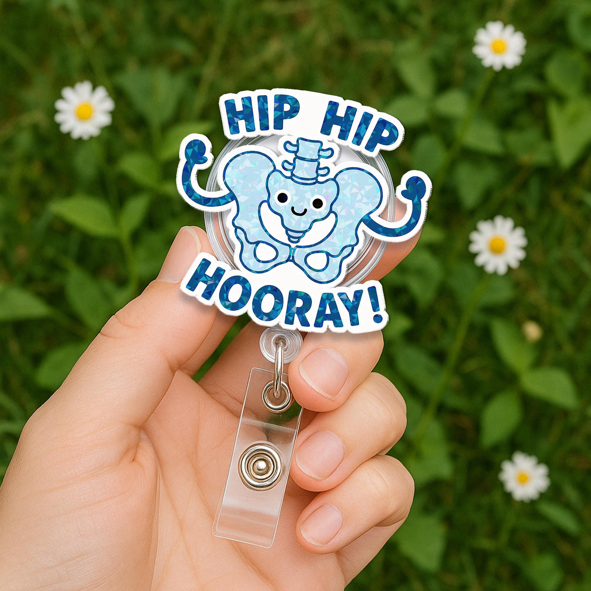 Hip Hip Hooray Hologram Badge Reel, Funny Skeleton ID Holder, Ortho Nurse Gift, Medical Pun Reel, Cute Hospital Badge Clip for Staff