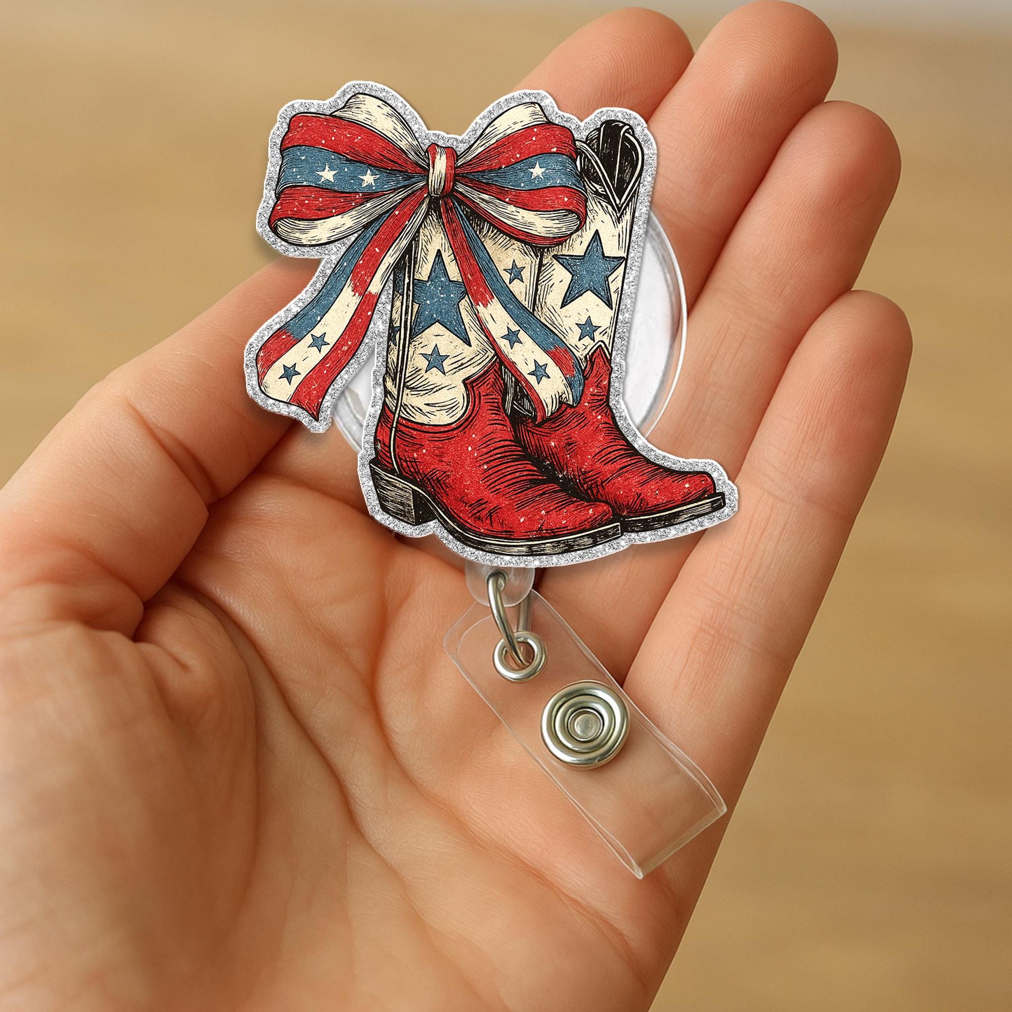 Patriotic Cowboy Boots Badge Reel, Western USA Flag ID Clip, Country Nurse Gift, 4th of July Work Badge, Rodeo Office Accessory