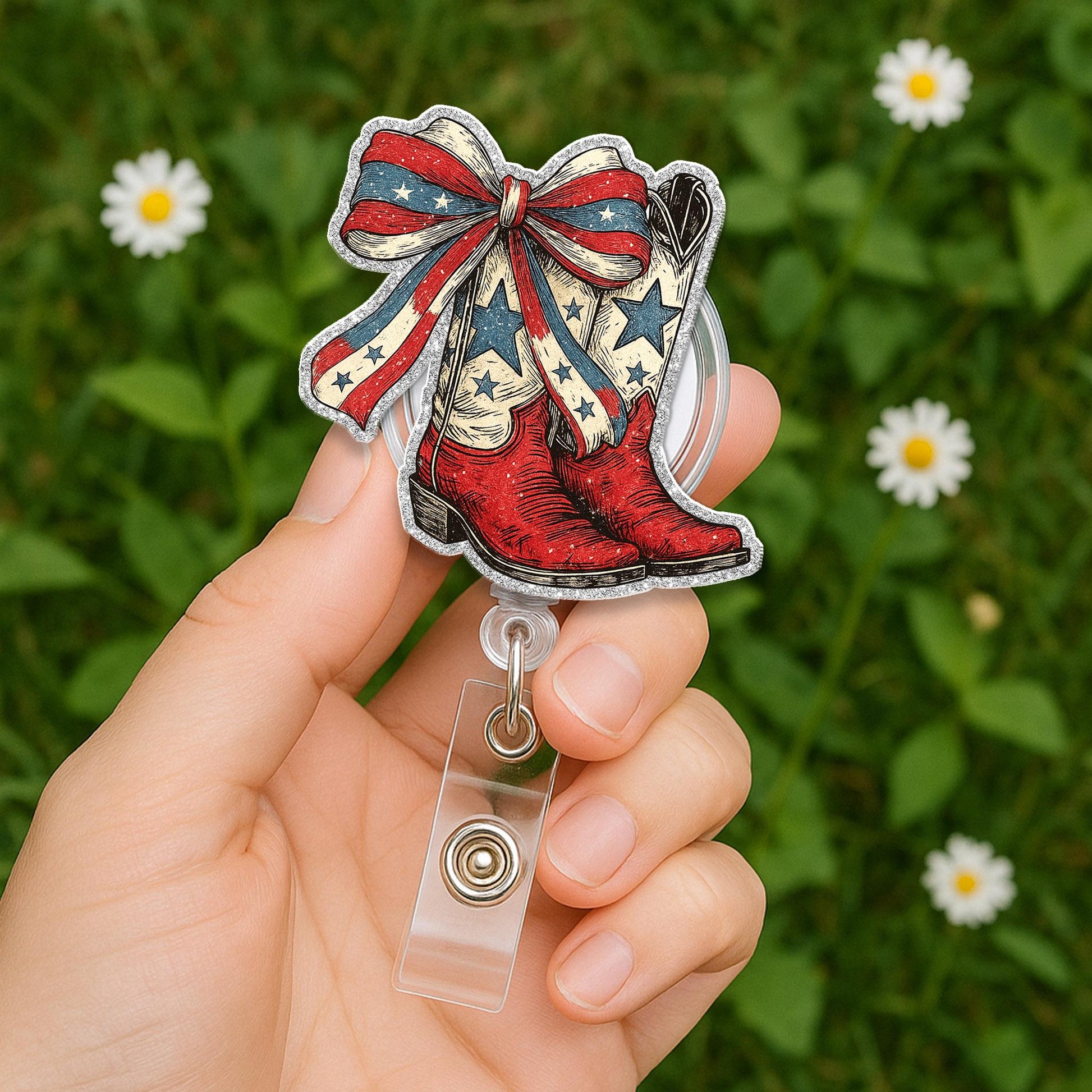Patriotic Cowboy Boots Badge Reel, Western USA Flag ID Clip, Country Nurse Gift, 4th of July Work Badge, Rodeo Office Accessory