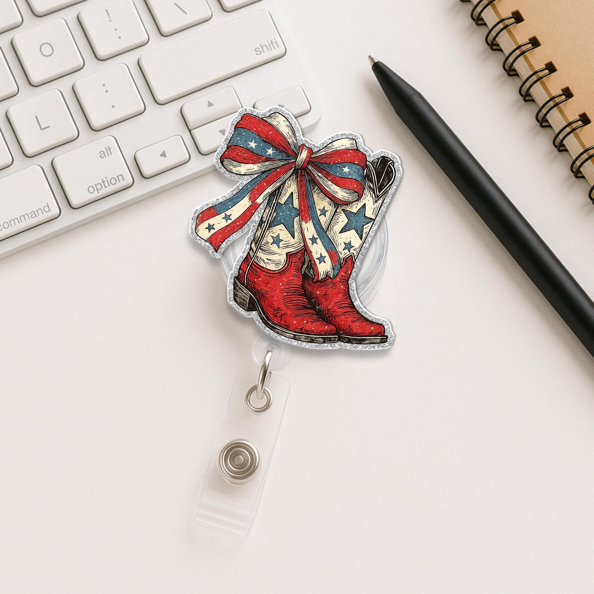 Patriotic Cowboy Boots Badge Reel, Western USA Flag ID Clip, Country Nurse Gift, 4th of July Work Badge, Rodeo Office Accessory