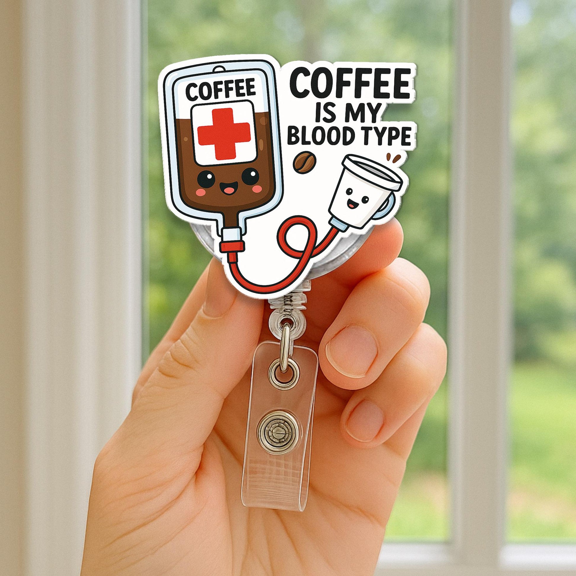 Coffee is My Blood Type Badge Reel, Funny Nurse ID Clip, Caffeine Lover Gift, Cute Medical Badge Holder, Hospital Work Humor