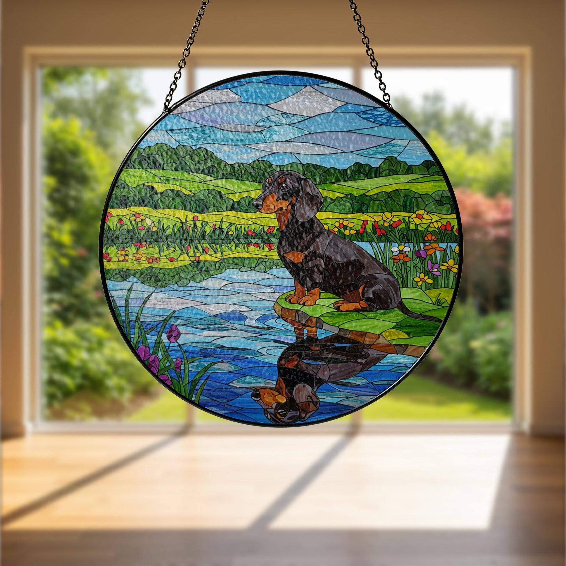 Dachshund GLASS Suncatcher, Glass Dog Art, Wiener Dog Window Decor, Doxie Gift, Dog Lover Gift, Round Glass Panel, Pet Memorial