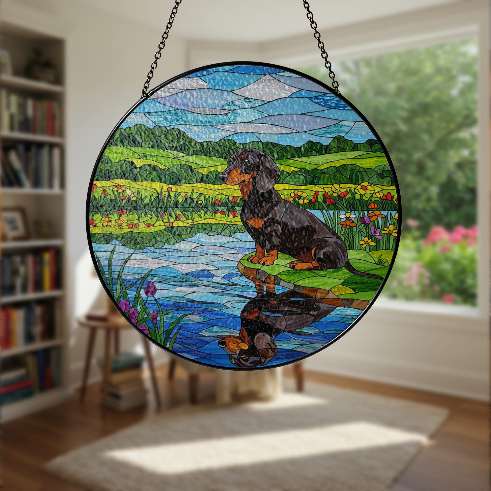 Dachshund GLASS Suncatcher, Glass Dog Art, Wiener Dog Window Decor, Doxie Gift, Dog Lover Gift, Round Glass Panel, Pet Memorial
