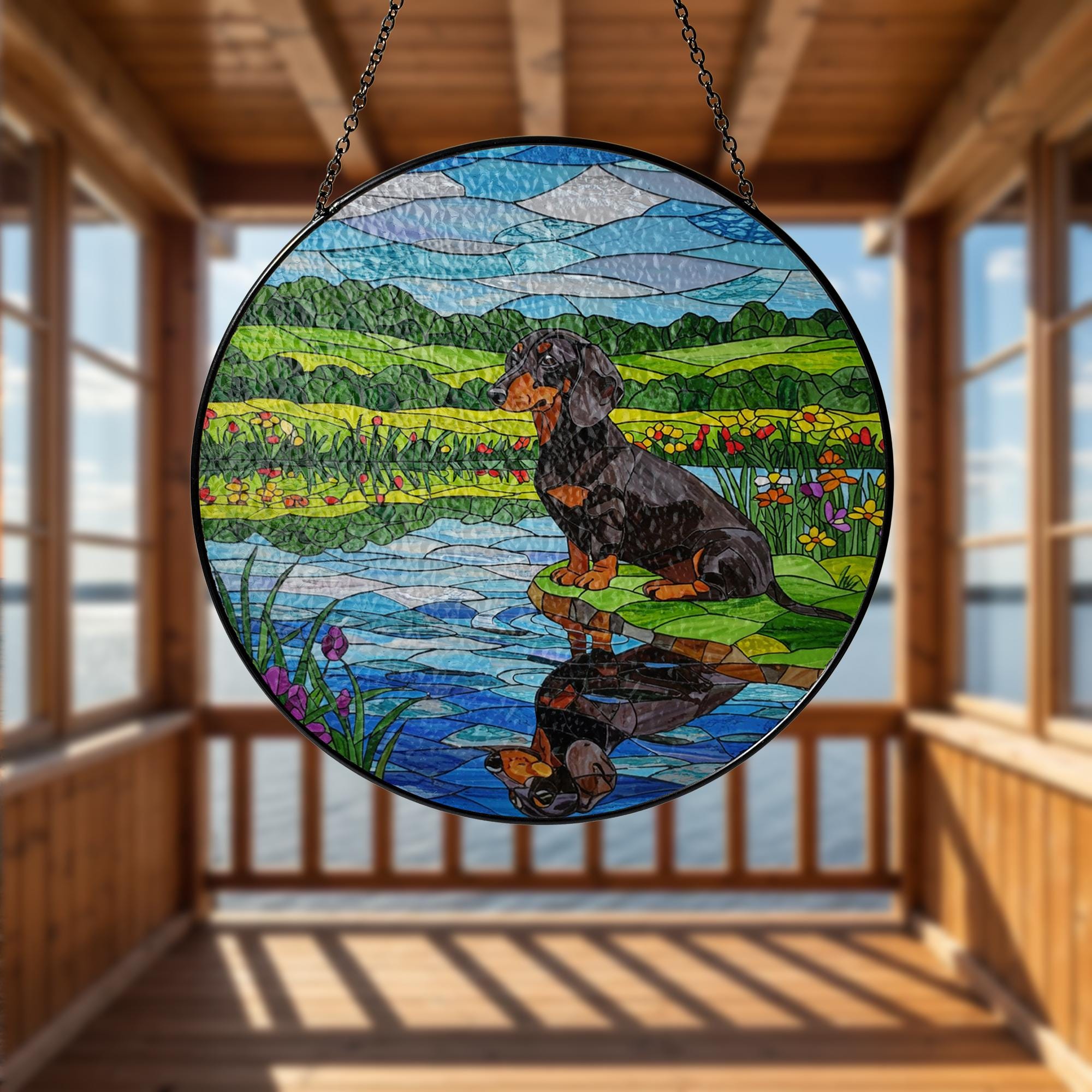 Dachshund GLASS Suncatcher, Glass Dog Art, Wiener Dog Window Decor, Doxie Gift, Dog Lover Gift, Round Glass Panel, Pet Memorial