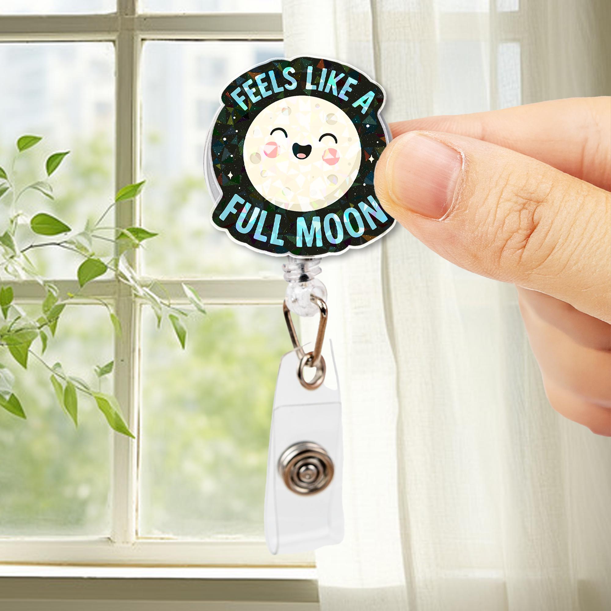 Cute Full Moon Badge Reel - Funny Moon Phases ID Holder - Retractable Name Tag Clip for Nurses, Teachers, Office & Medical Staff