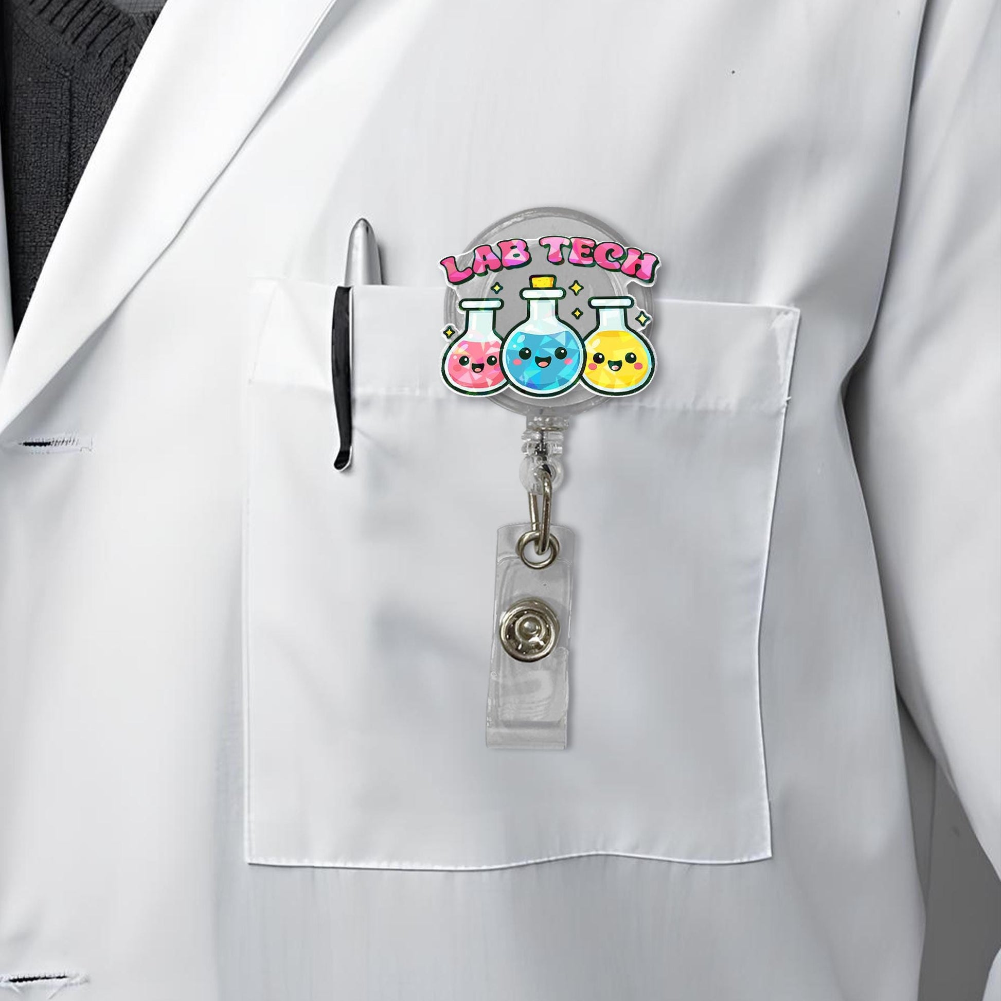 Lab Tech Badge Reel - Cute Kawaii Science ID Holder for Lab Workers, Phlebotomists, Medical Staff & Technicians - Fun Badge Clip