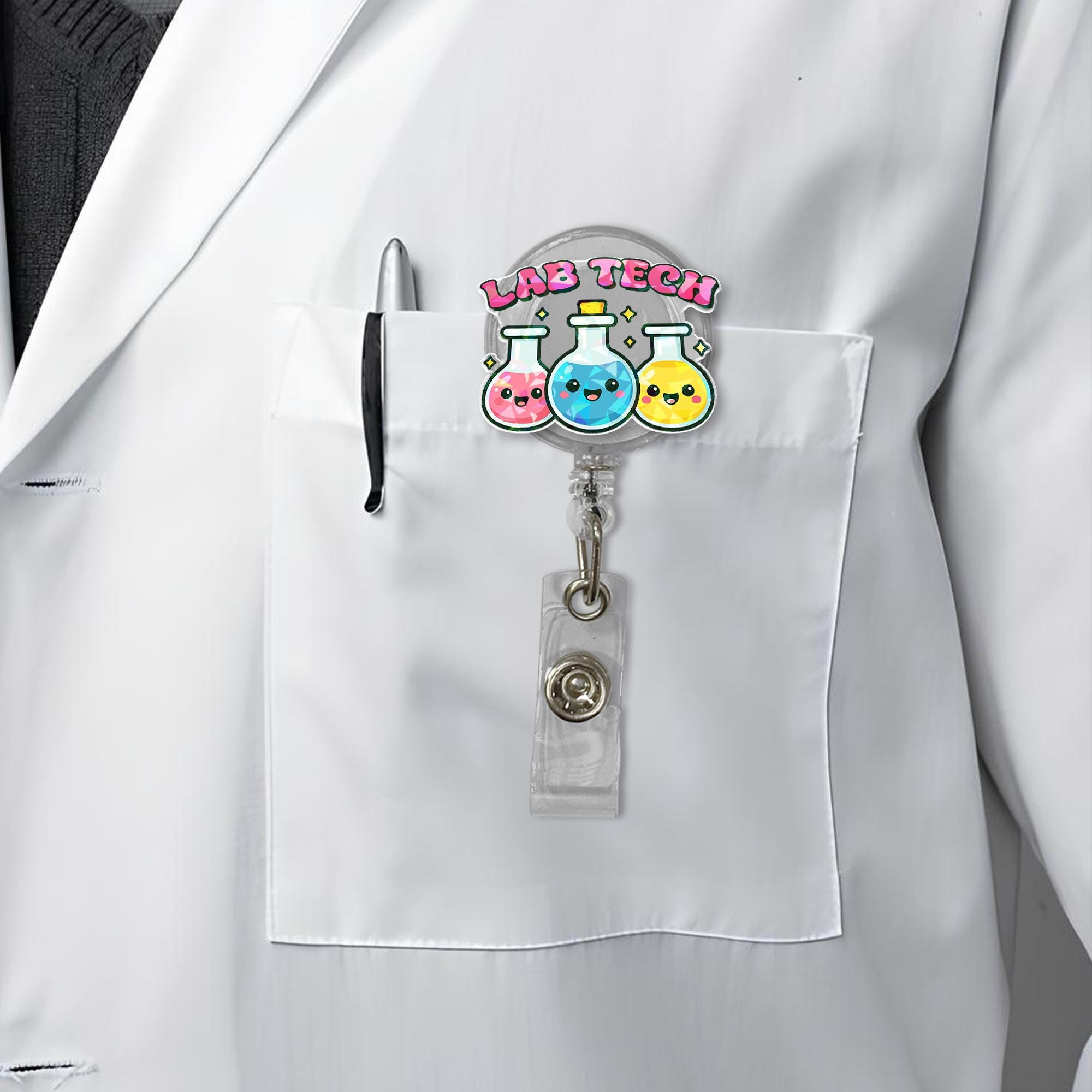 Lab Tech Badge Reel - Cute Kawaii Science ID Holder for Lab Workers, Phlebotomists, Medical Staff & Technicians - Fun Badge Clip