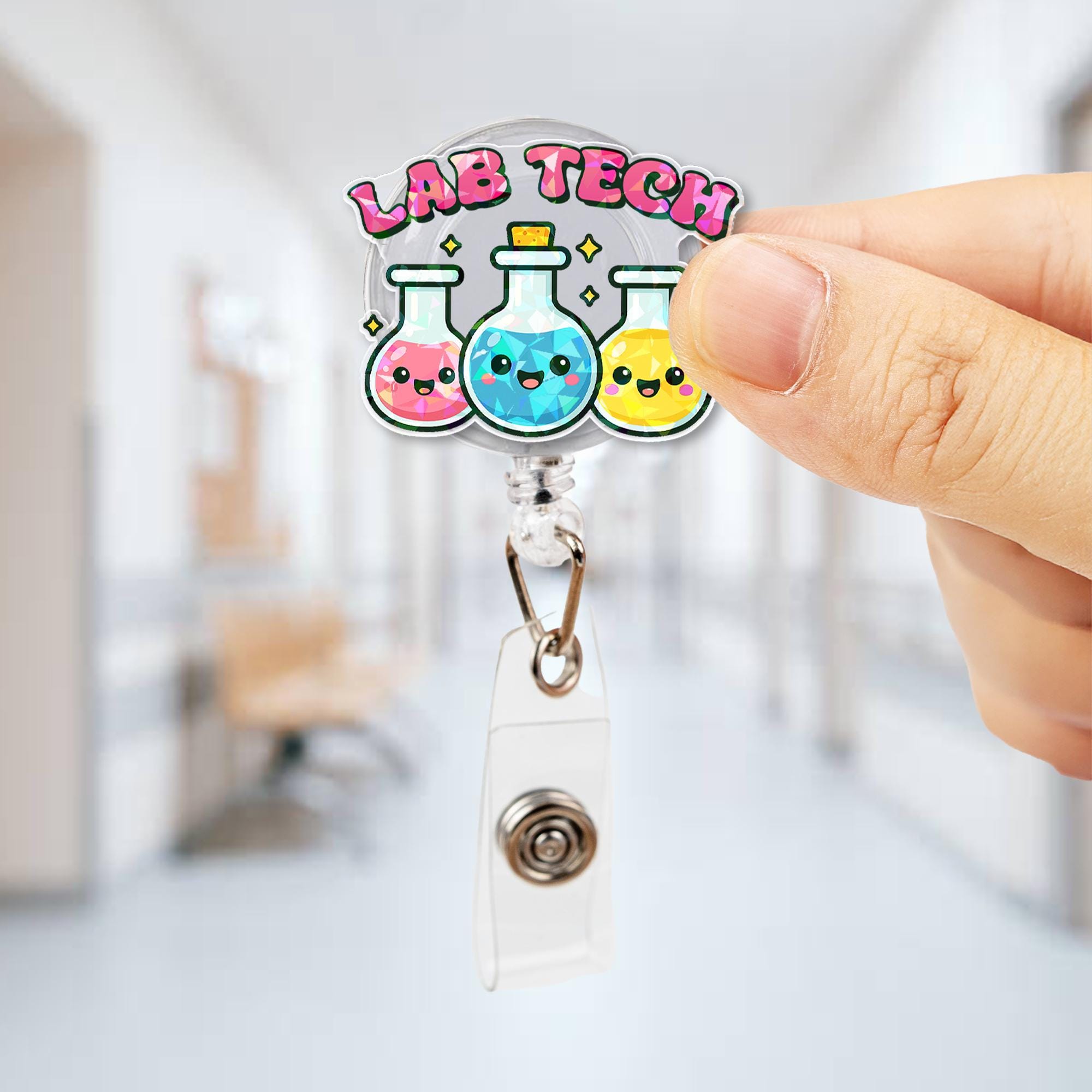 Lab Tech Badge Reel - Cute Kawaii Science ID Holder for Lab Workers, Phlebotomists, Medical Staff & Technicians - Fun Badge Clip