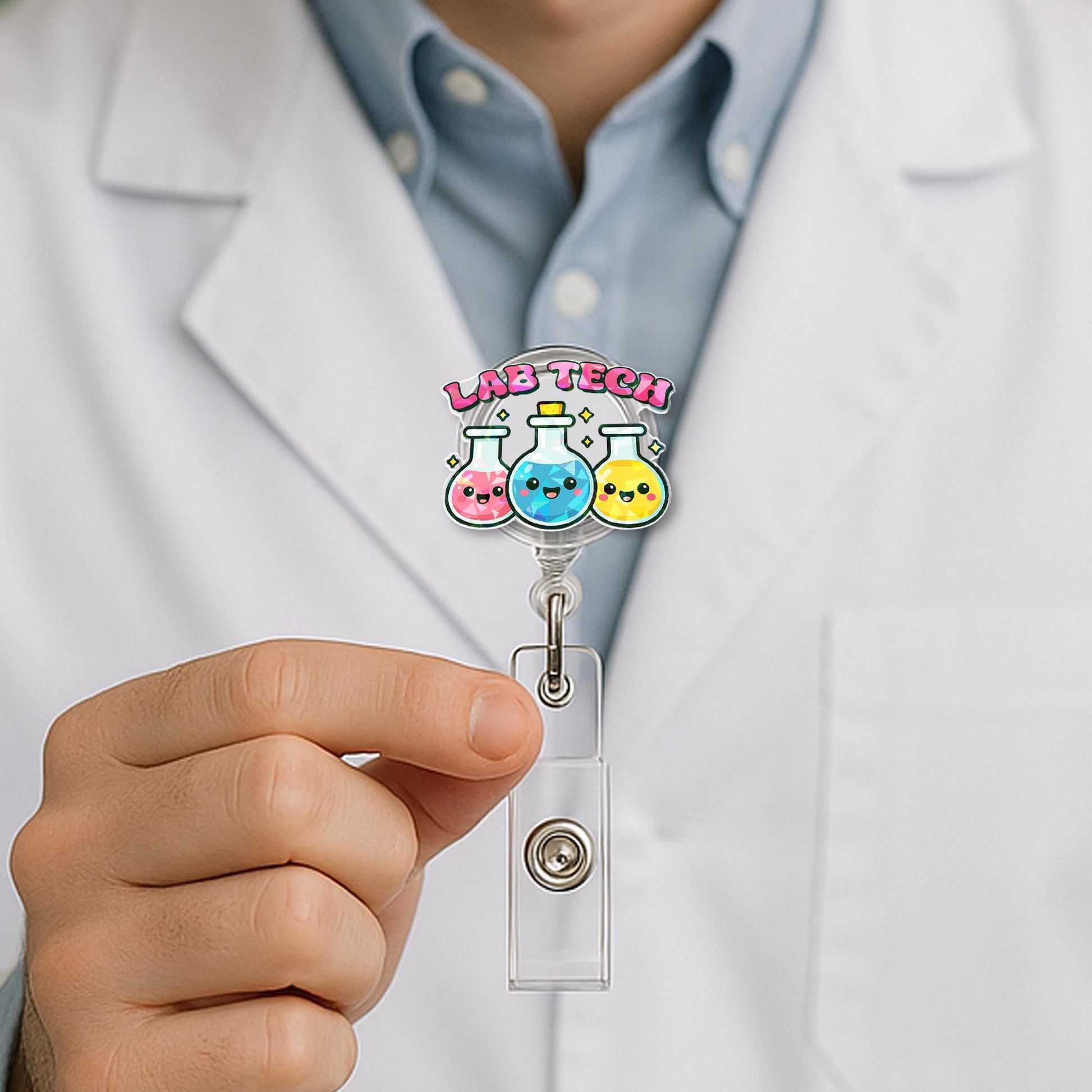 Lab Tech Badge Reel - Cute Kawaii Science ID Holder for Lab Workers, Phlebotomists, Medical Staff & Technicians - Fun Badge Clip