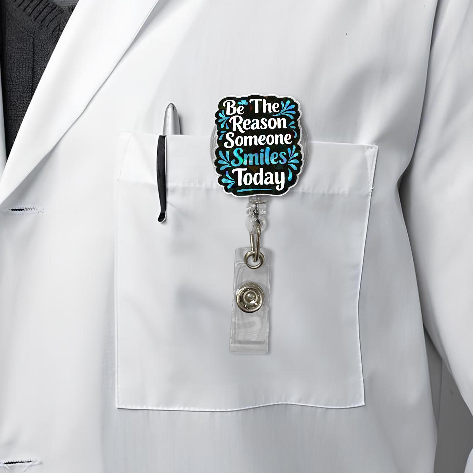 Be the Reason Someone Smiles Today Badge Reel – Motivational Quote ID Holder – Retractable Clip for Nurses, Teachers, Office Staff