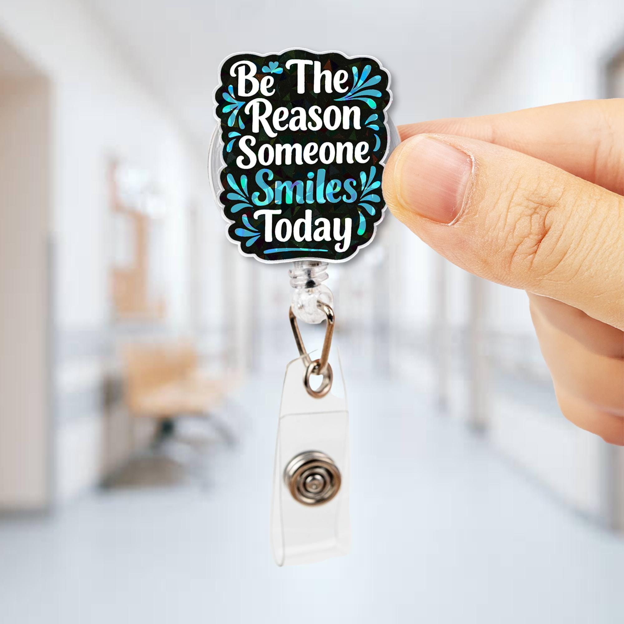 Be the Reason Someone Smiles Today Badge Reel – Motivational Quote ID Holder – Retractable Clip for Nurses, Teachers, Office Staff