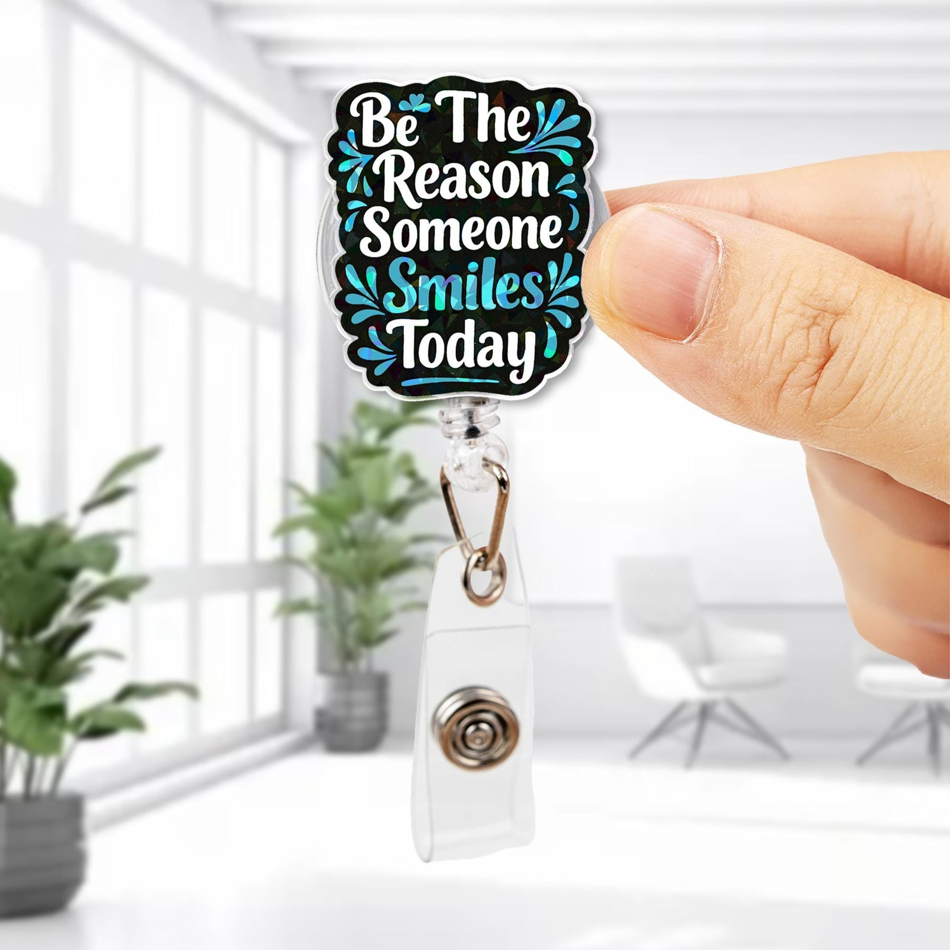 Be the Reason Someone Smiles Today Badge Reel – Motivational Quote ID Holder – Retractable Clip for Nurses, Teachers, Office Staff