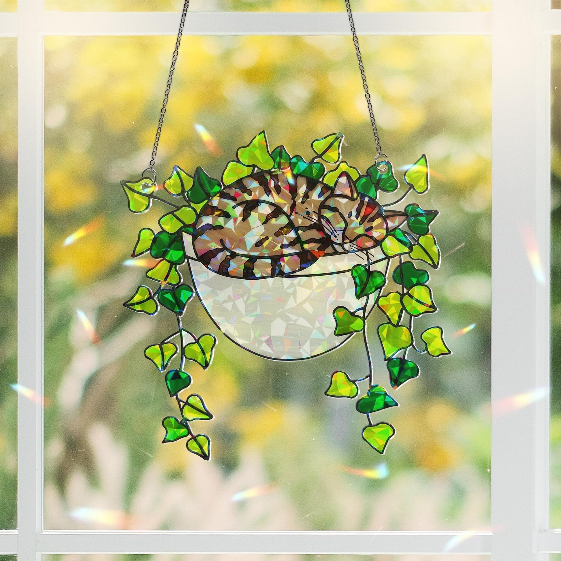 Tabby Cat Sleeping on Ivy Hologram Ornament | Cat ACRYLIC Window Hanging | Plant Lover Gift | Ivy Plants Decor, Cozy Cat Decor, Gift For Mom