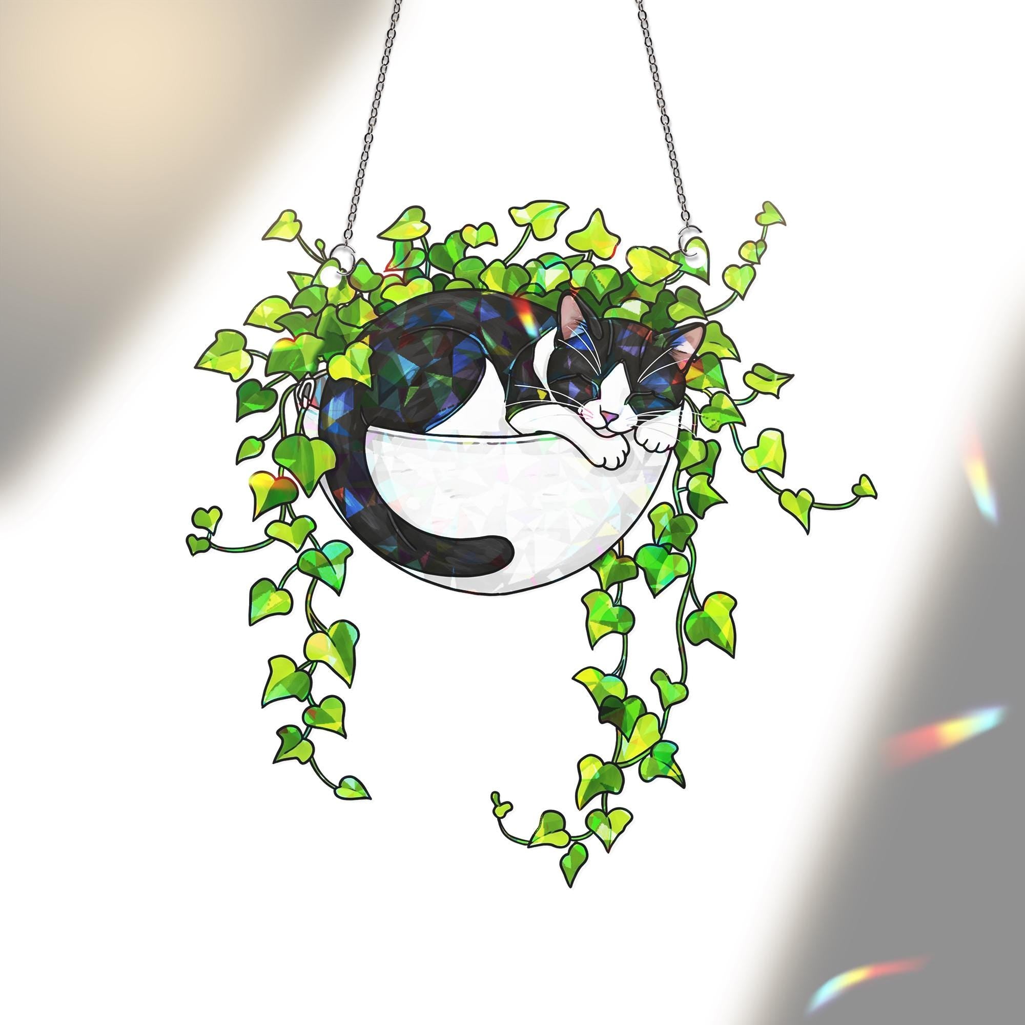 Tuxedo Cat Sleeping on Ivy Hologram Ornament | Cat ACRYLIC Window Hanging | Plant Lover Gift, Ivy Plants Decor, Cozy Cat Decor, Gift For Mom