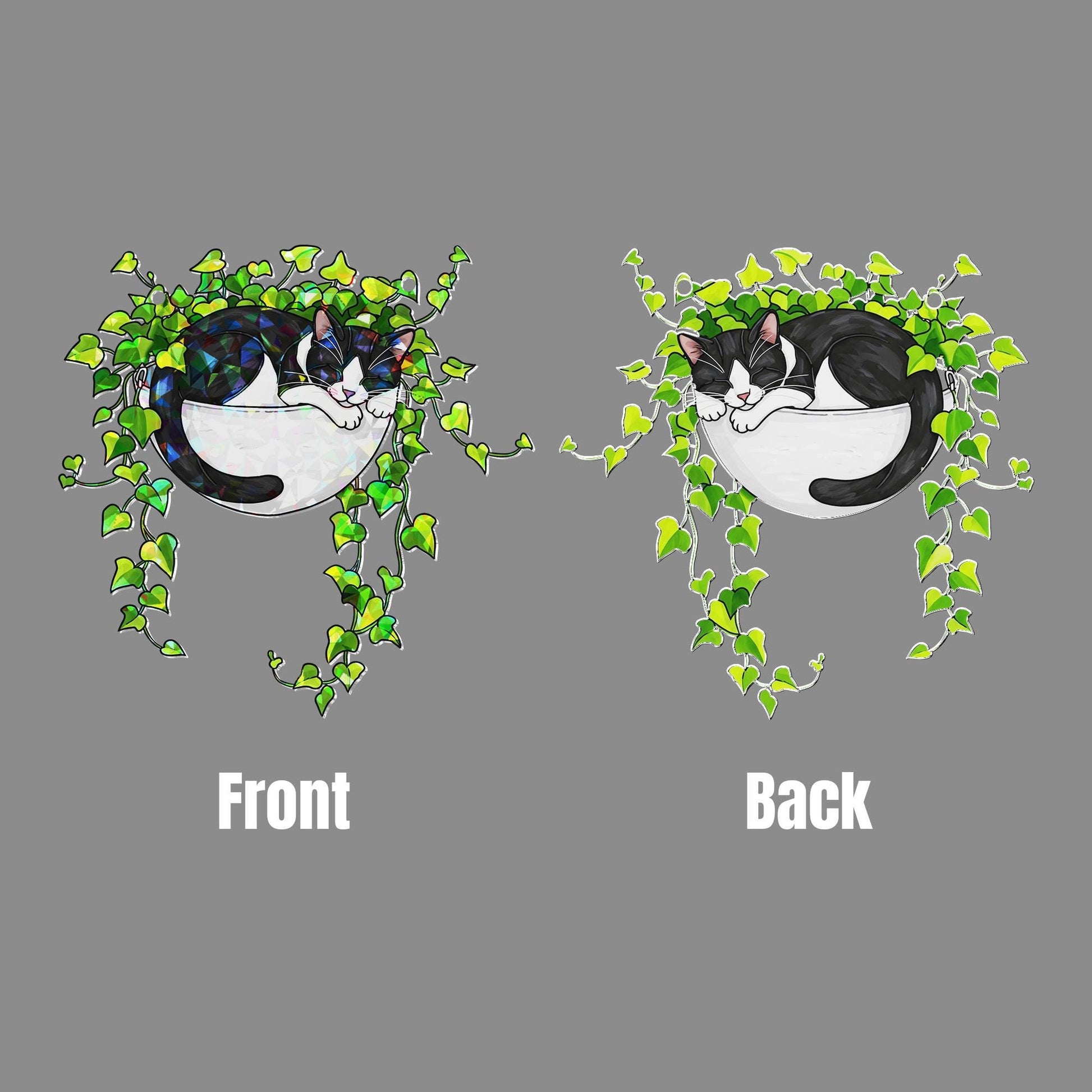 Tuxedo Cat Sleeping on Ivy Hologram Ornament | Cat ACRYLIC Window Hanging | Plant Lover Gift, Ivy Plants Decor, Cozy Cat Decor, Gift For Mom