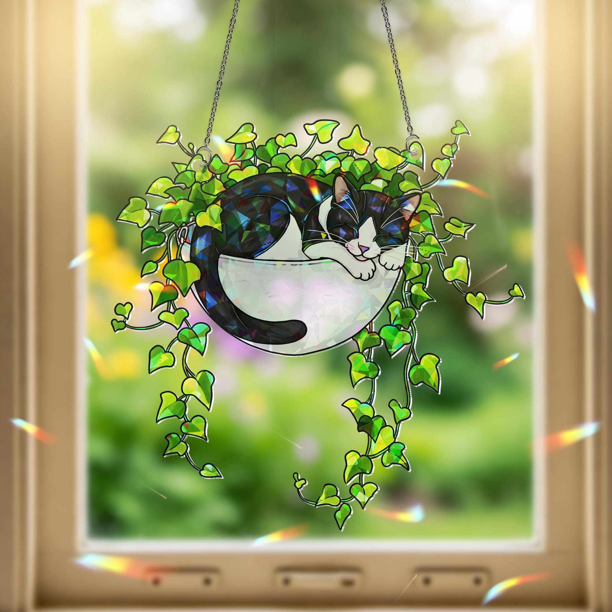 Tuxedo Cat Sleeping on Ivy Hologram Ornament | Cat ACRYLIC Window Hanging | Plant Lover Gift, Ivy Plants Decor, Cozy Cat Decor, Gift For Mom