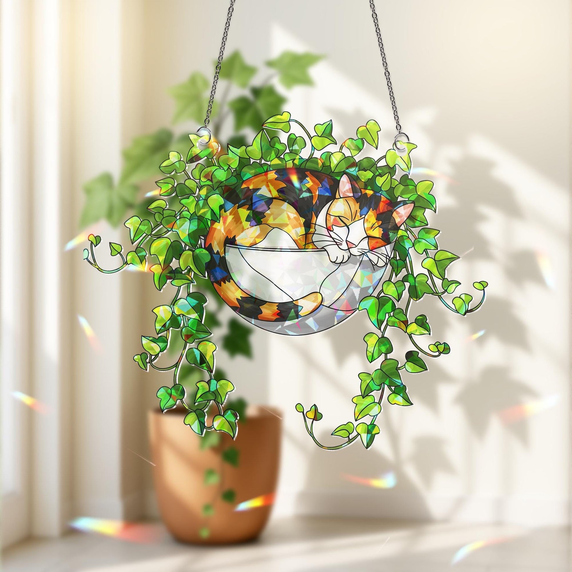 Calico Cat Sleeping on Ivy Hologram Ornament | Cat ACRYLIC Window Hanging | Plant Lover Gift, Ivy Plants Decor, Cozy Cat Decor, Gift For Mom