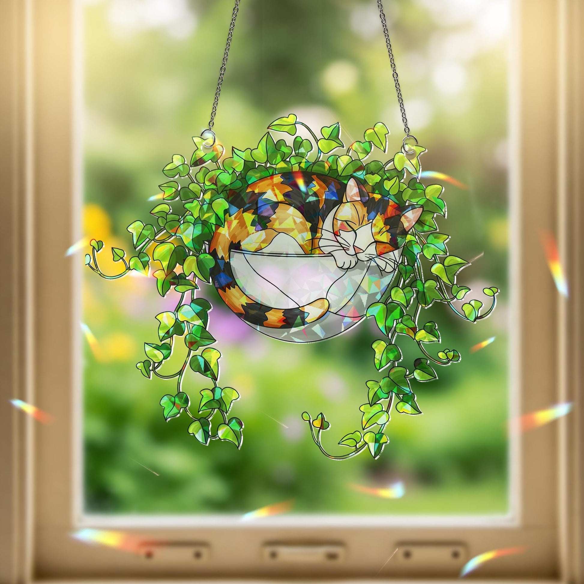 Calico Cat Sleeping on Ivy Hologram Ornament | Cat ACRYLIC Window Hanging | Plant Lover Gift, Ivy Plants Decor, Cozy Cat Decor, Gift For Mom